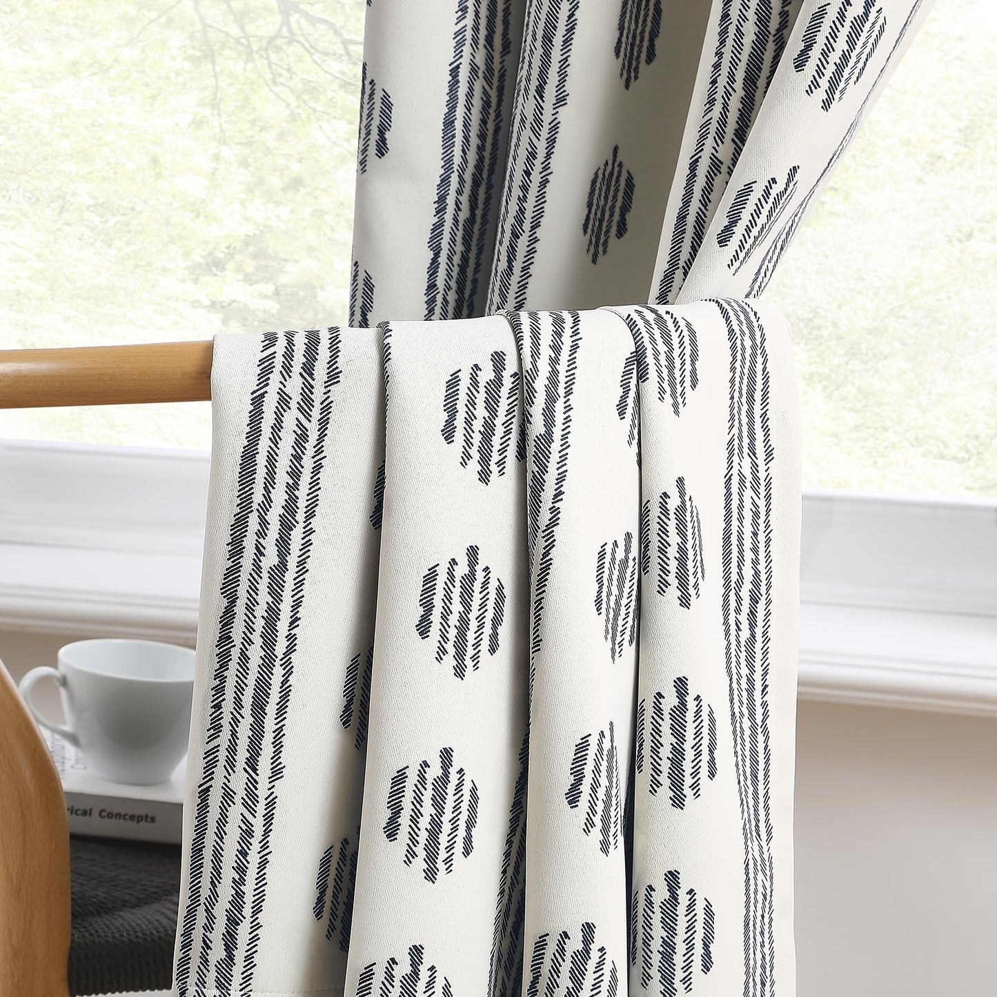 Melodieux Blackout Boho Curtain 84 Inch Long for Bedroom 1 Panel Extra Wide Cotton Curtains Black on Beige Striped Pattern Bedroom Curtains Grommet Room Darkening Thermal Insulated