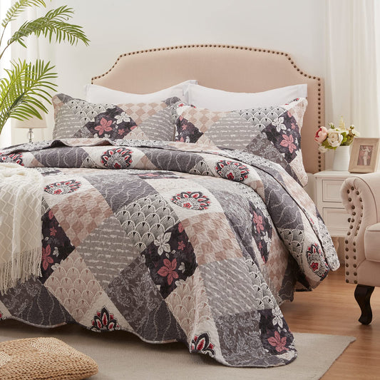 King Size Quilt Set 3 Pieces Lightweight Reversible Bedspread-98''x106'' Soft Patchwork Floral Coverlet Luxurious Warm Microfiber Bed Cover All Seasons Gray Bedding Set(1 Quilt,2 Pillow Shams)