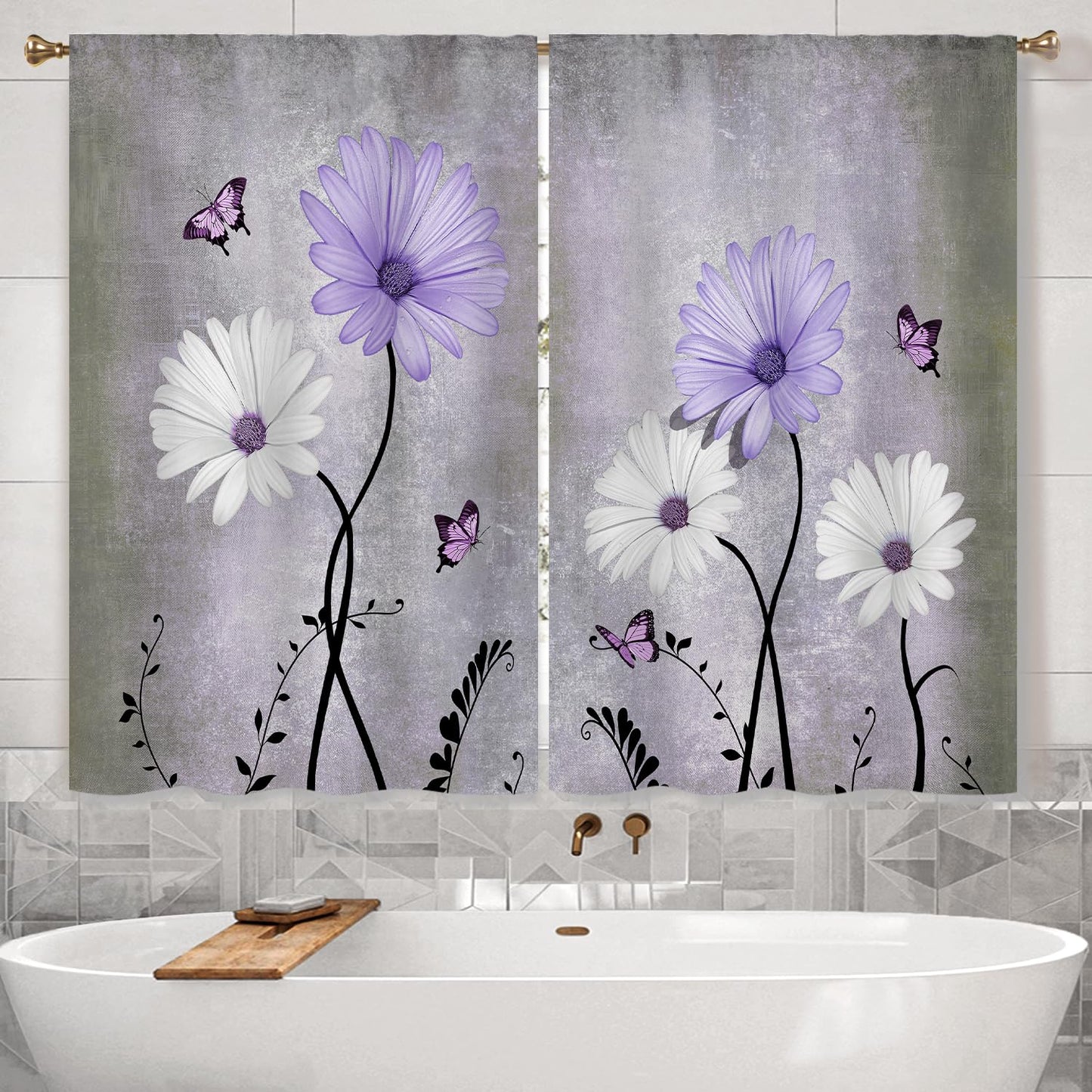 Cizuug Purple Daisy Rustic Farmhouse Kitchen Curtains Watercolor Floral Flower Small Short Cafe Window Curtains Butterfly Country Bathroom Drapes Treatment Tier Curtains 2 Panels
