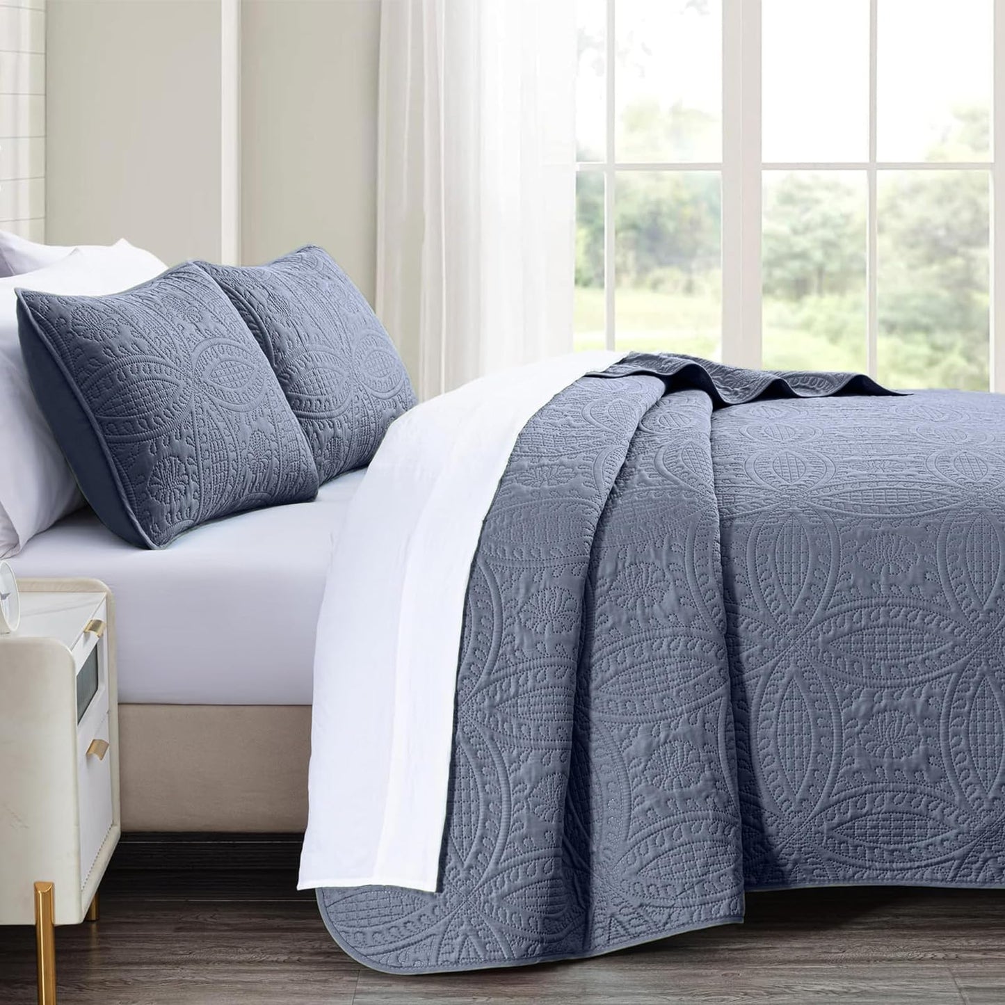 akkialla Quilts Queen Size,Bluish Grey Ultrasonic Full/Queen Quilt Set,Lightweight Soft Bedspread Coverlet,Modern Style Coin Pattern Bed Cover for All Seasons,3 Piece(1 Quilt,2 Pillow Shams)