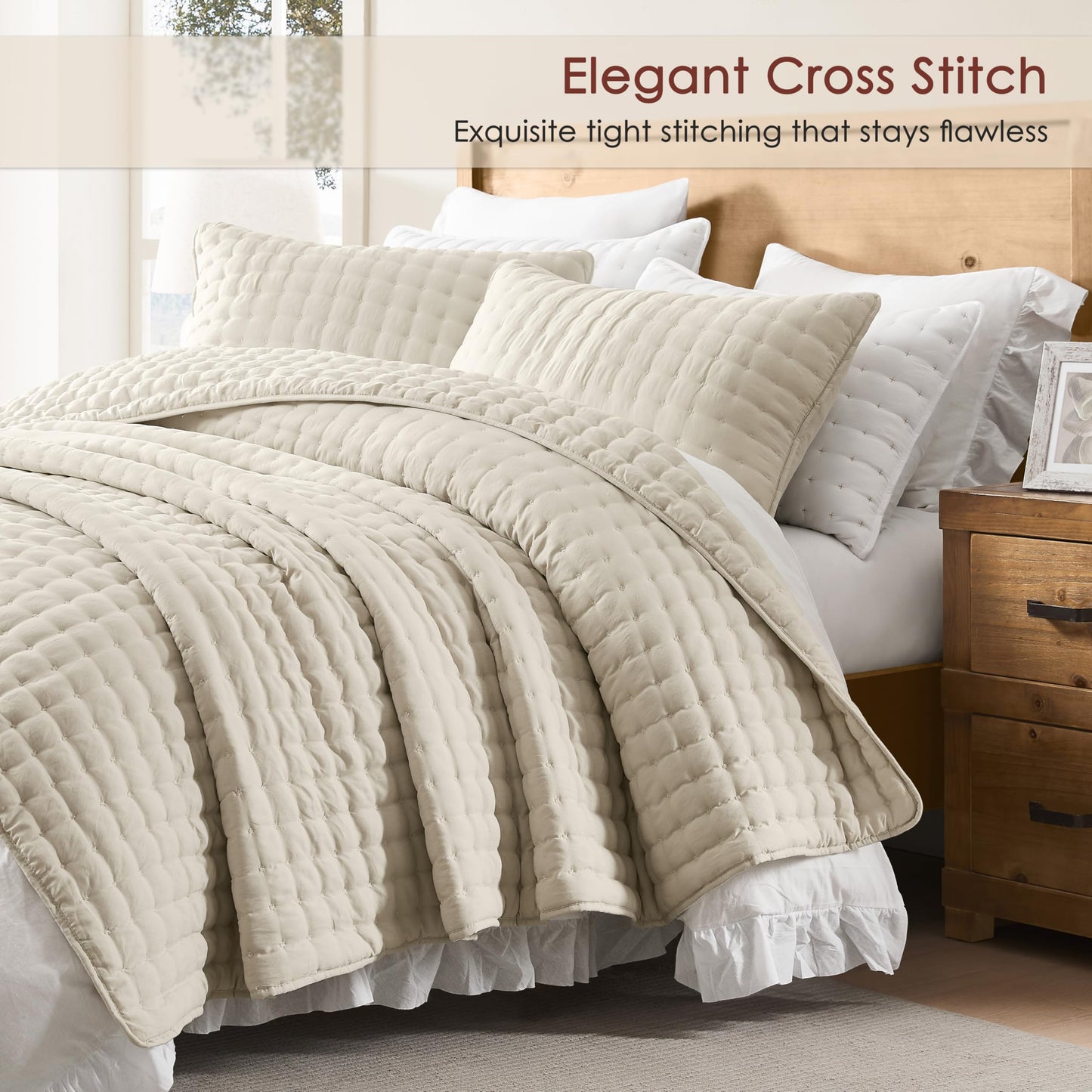 WDCOZY Beige Queen Size Quilts Bedding Sets with 2 Pillow Shams, Neutral Lightweight Soft Bedspread Coverlet, Quilted Blanket Thin Comforter Bed Cover for All Season, 3 Pieces, 90x90 inches