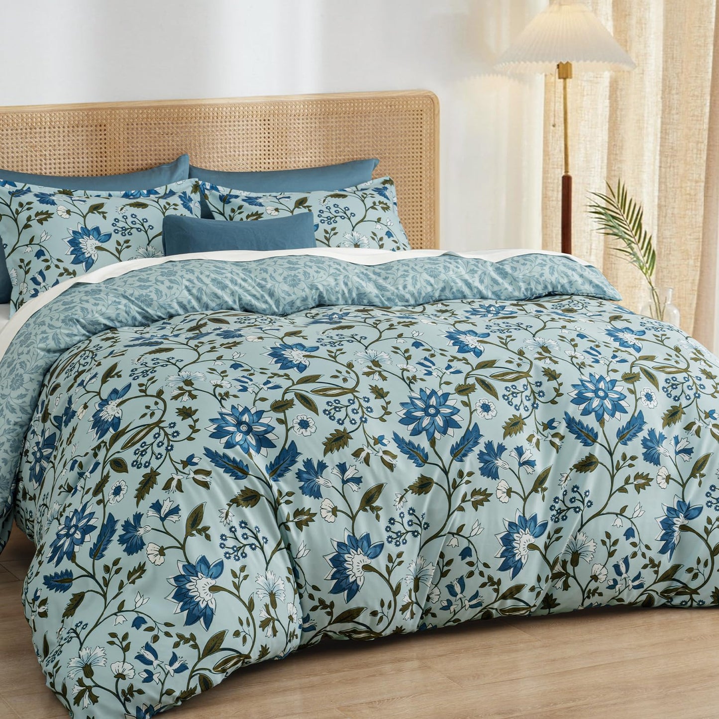 PHF Ultra Soft Floral Duvet Cover Queen Size, Printed Bedding Set 3 Pieces, Comfy Farmhouse Pattern Duvet Cover Set with 2 Pillow Shams, Zipper Closure and 8 Ties, 90"x90", Flower-Dusty