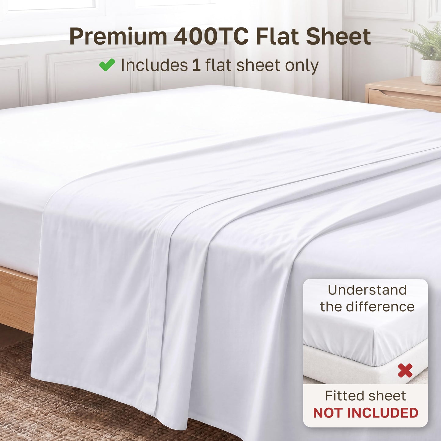 California Design Den Flat White King Sheets Only - Soft 400 Thread Count 100% Cotton Sateen, & Breathable Bed Sheets - White
