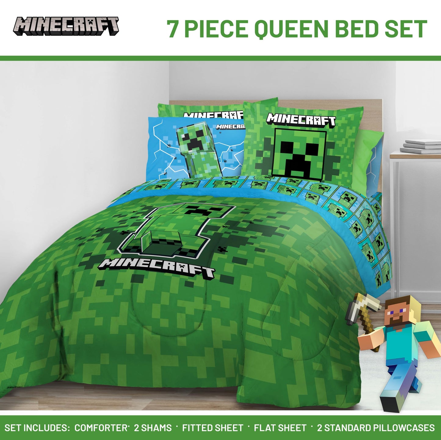 Jay Franco Kids Comforter Set Includes Sheets and Pillow Covers - Soft and Cozy Bed Set for Stylish Room Decor, Green - Minecraft Creeper, 7 Piece Queen Size Bedding