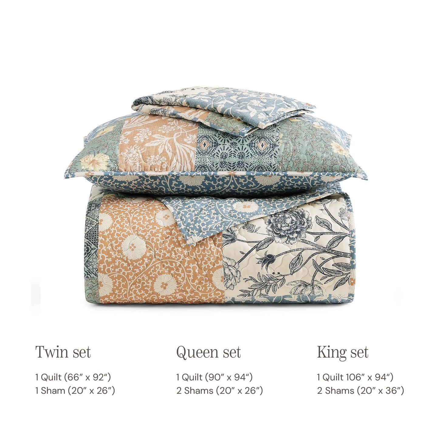 BLOOMHAVEN Quilt Set Queen Size, Patchwork Green Floral Quilt Sets, Reversible Bedspread Lightweight and Breathable for All Seasons, Soft Quilted Bedspread with 2 Pillow Shams