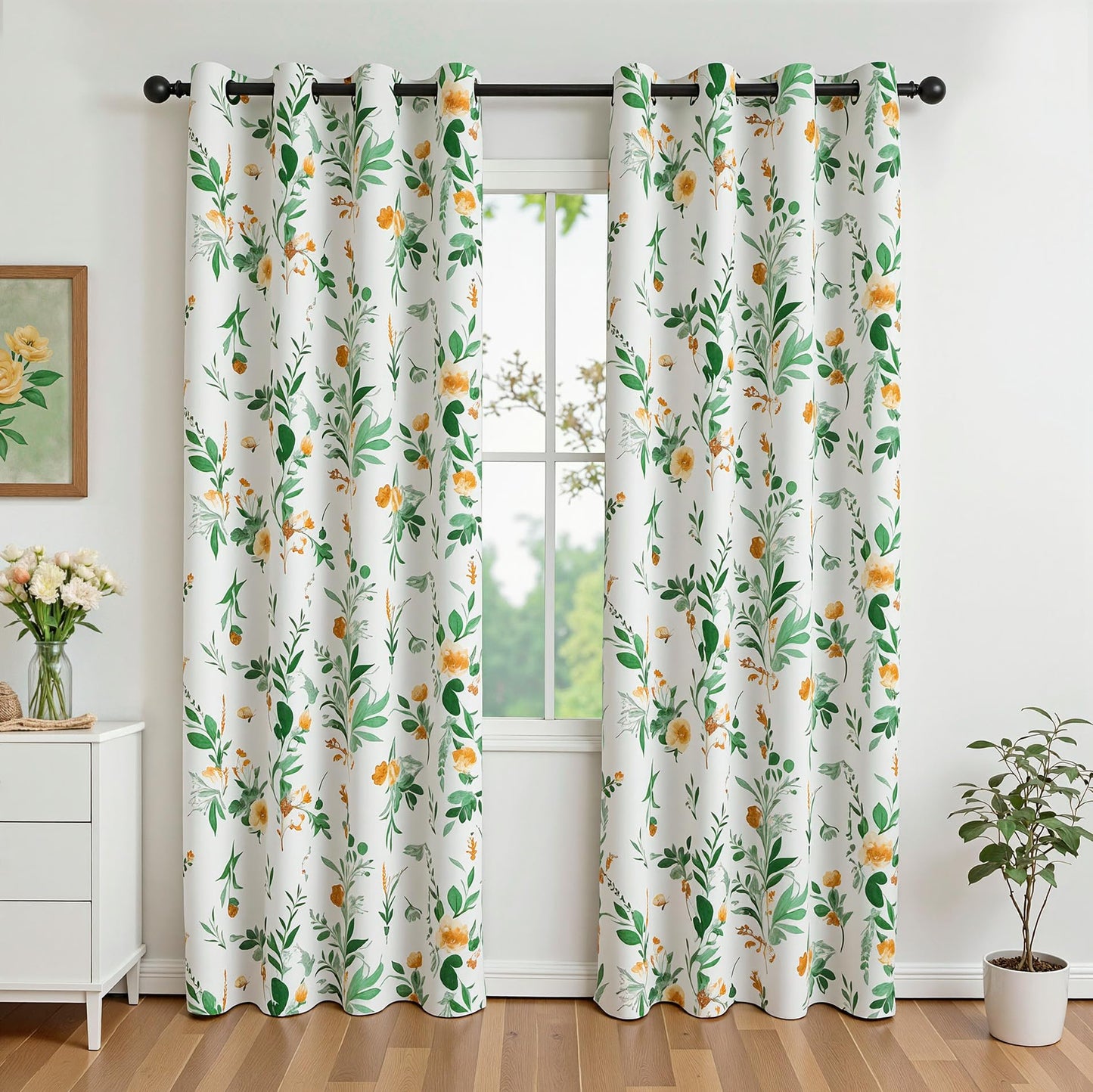 MYSKY HOME Sage Green Floral Blackout Curtains 84 inch Long 2 Panels for Living Room Bedroom Summer Flower Patterned Room Darkening Light Blocking Grommet Window Drapes, 52" W, Yellow and Green