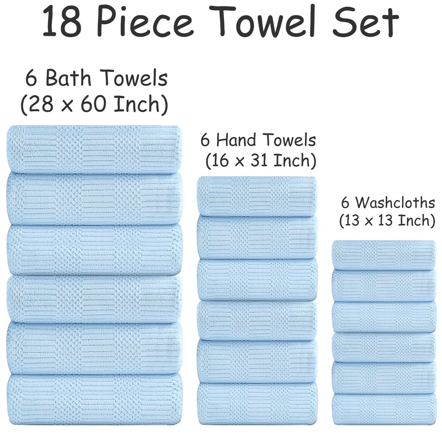 18 Pcs Blue Woven Family Towels Set-6 Bath Sheets,6 Hand Towels,6 Washcloths Soft Microfiber Towels Absorbent Shower Towel Quick Dry Beach Chair Towel Lint Less Towels Set for Bathroom Spa Gym Hotel