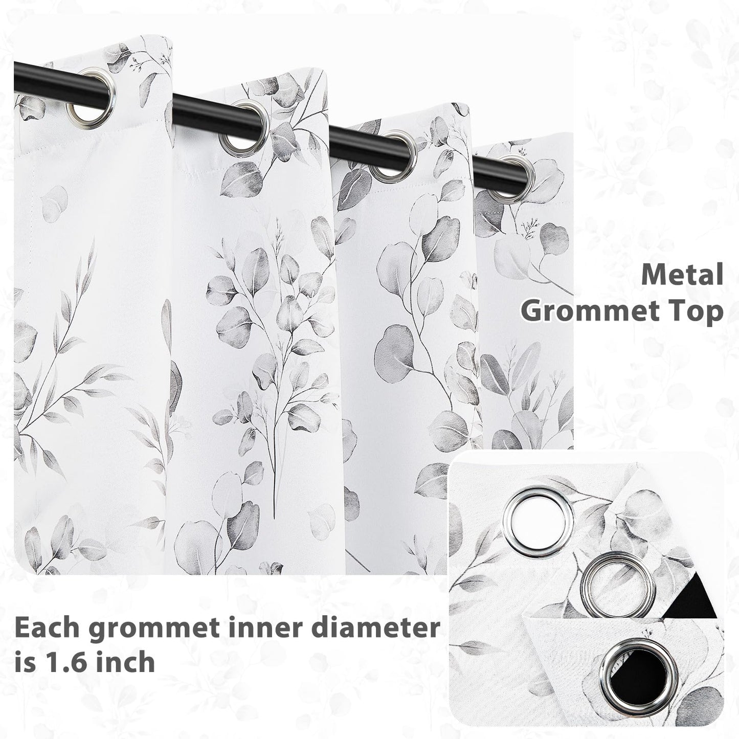 GICDSU Gray Botanical Leaf 90% Blackout Curtains 63 Inches Long Watercolor Floral Print Room Darkening Curtains with Grommet Country Soundproof Insulated Window Drapes for Bedroom Living Dining Room