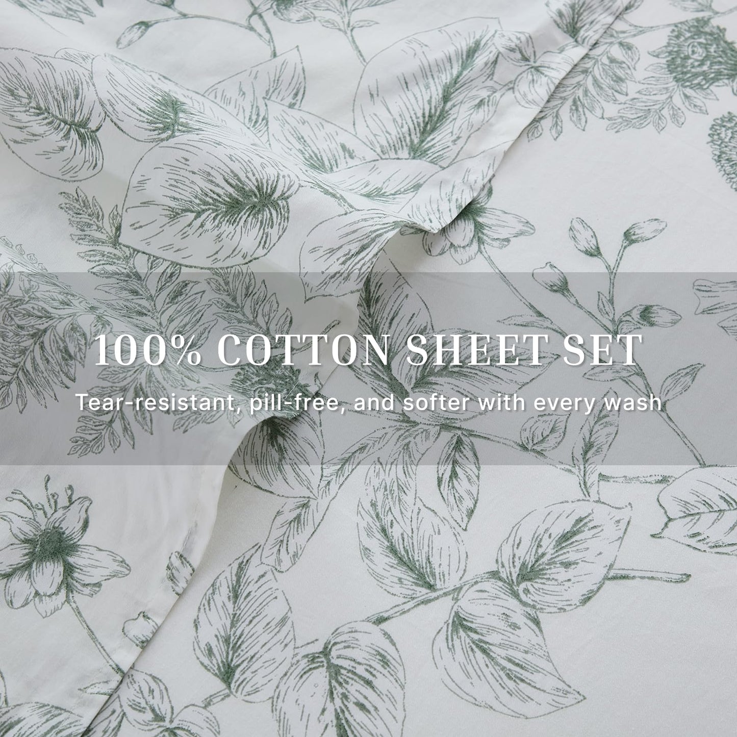 Cozaline 100% Cotton Sheet Set Queen Size – 4-Piece Chic Garden Floral Bedding Set, Soft Breathable Percale Weave, Deep Pocket Fitted Sheet 17.5", Crisp Cool Feel, Refined Botanical Elegance