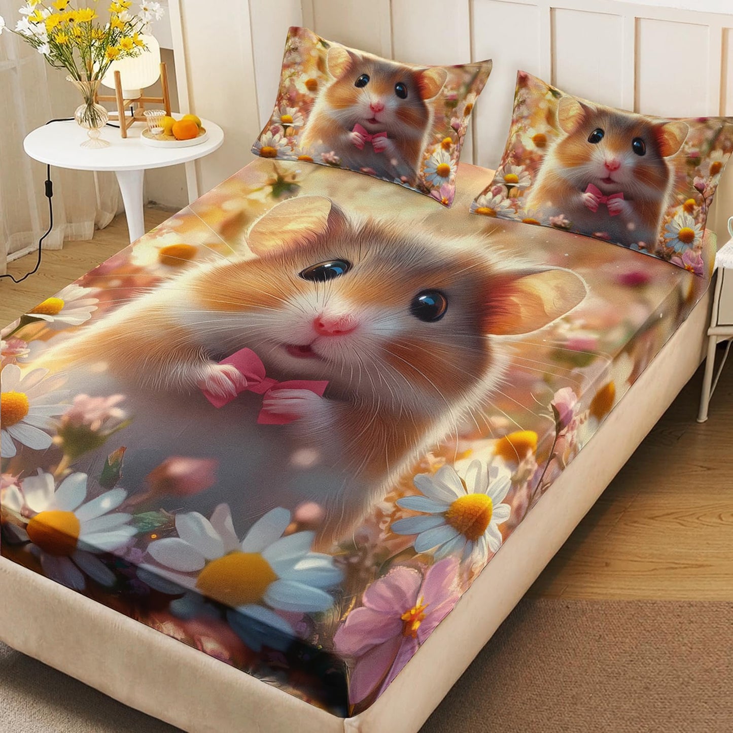 AILONEN Cute Hamster Fitted Sheet Set Twin Size, Flower Hamster Print Bedding Set for Kids Girls Teens,Pet Animal Theme Bed Sheet Set for Bedroom Decor,3 Pieces,1 Fitted Sheet and 2 Pillowcases