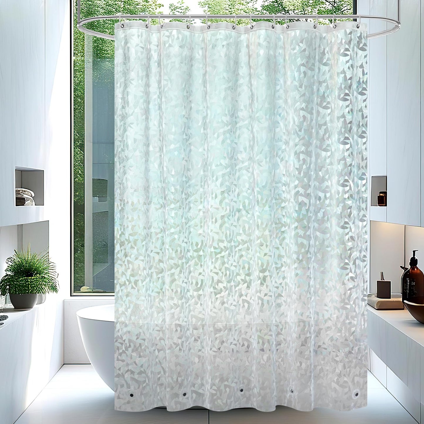 AooHome Long Shower Curtain Liner - EVA 3D Decals Stained Glass Pattern Design Bathroom Shower Curtain with Hooks, 5 Bottom Magnets, Heavy Duty, Water Repellent, Semi Transparent, 72x78 Inch