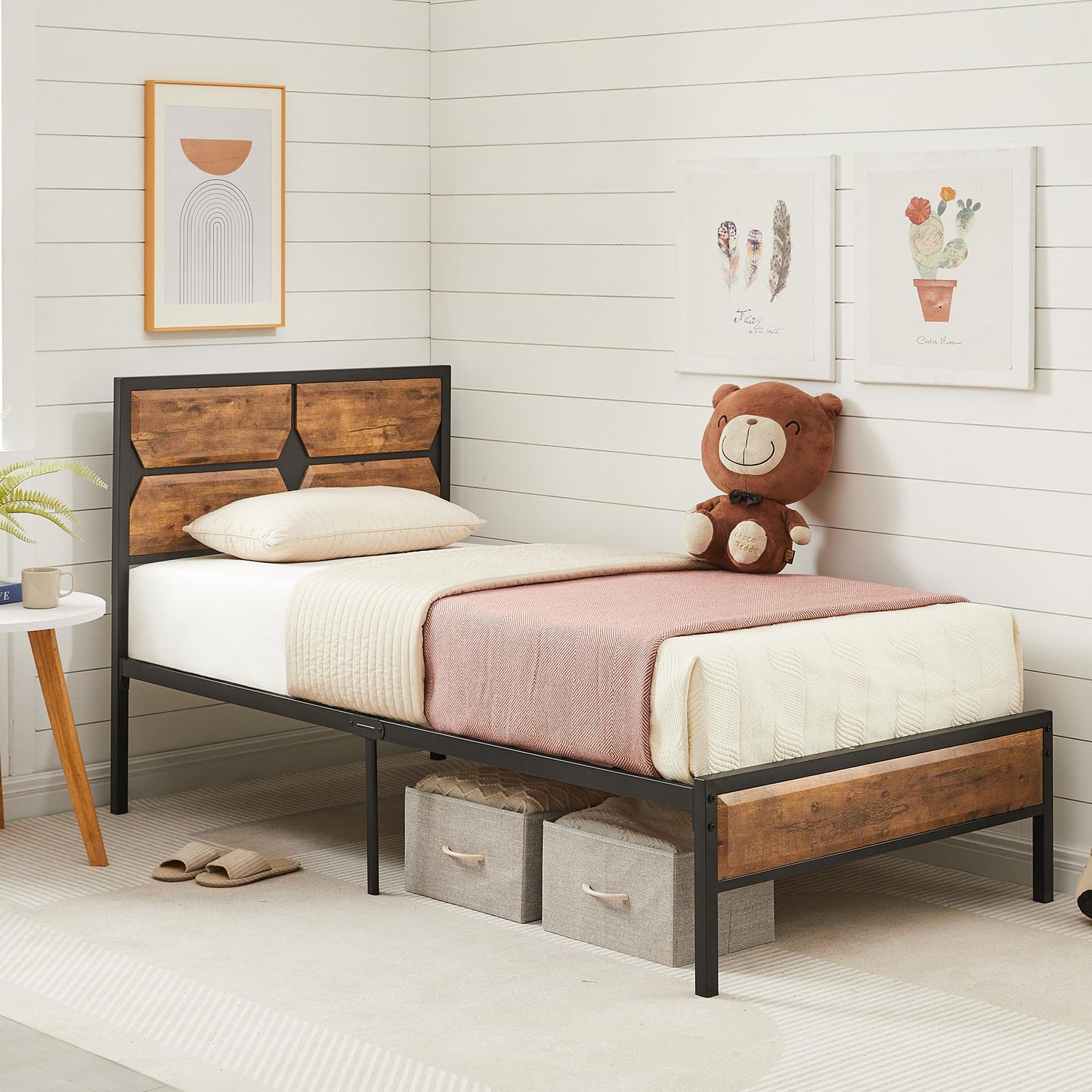 VECELO Twin Bed Frame Twin Size Bed with Wooden Headboard & Footboard, Metal Platform Mattress Foundation with Strong Slats Support& Storage Space, No Box Spring Needed/Easily Assemble