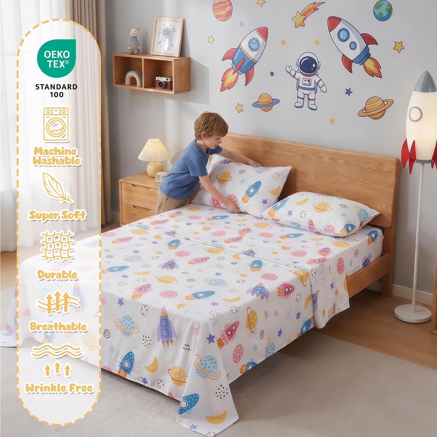 Ocharo Rocket Pattern Full Size Sheet Sets for Boys Girls,Soft Universe Galaxy Bed Sheets 4 Pieces - Cozy Breathable & Machine Washable - Rocket Spaceship Planet Bedding Set for Toddlers Teens
