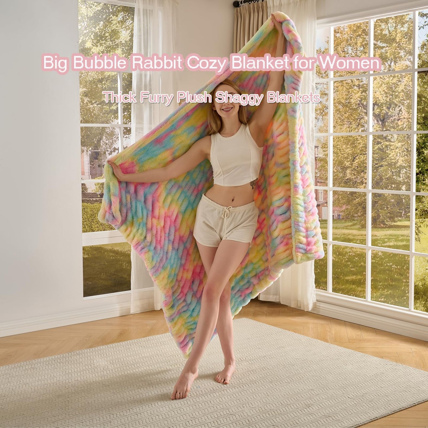 Double Side Faux Fur Throw Blanket,Cozy Soft Fuzzy Fluffy Faux Rabbit Fur Blanket for Couch, Bed, Sofa,Room Decor-Rainbow,50x60 inch