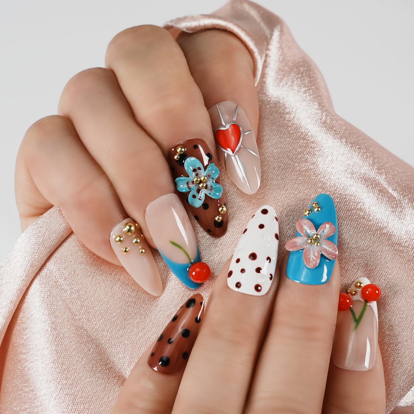 Tesytto Handmade Press On Nails Almond Shape, 3D Cherry & Flower Fake Nails with Gold Beads, Polka Dot & Heart Design Glossy Reusable Acrylic False Nails for Women Girls (Sweet Fun Flower Cherry, M)