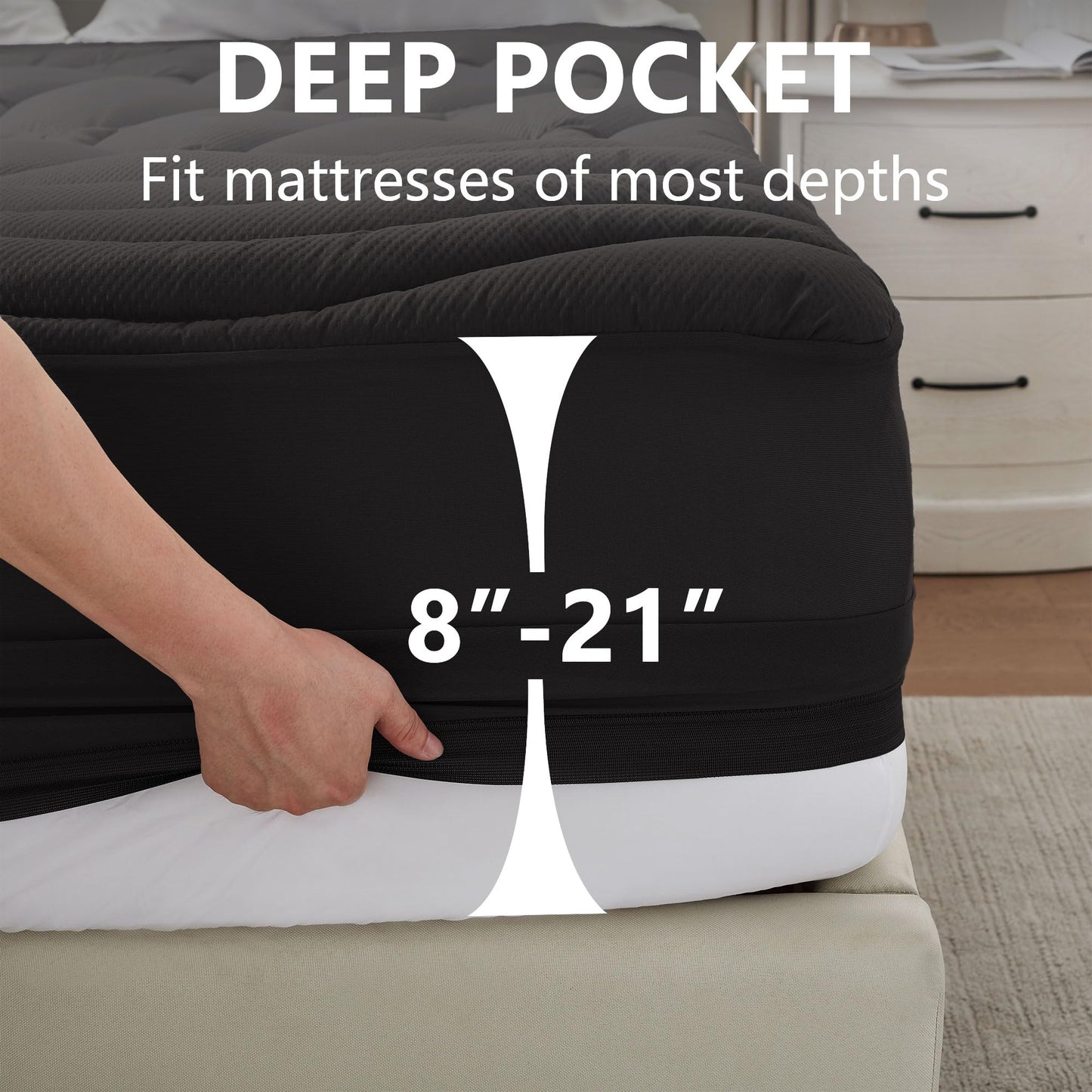 ELVEN HOME Queen Size Mattress Pad Waterproof, Pillow Top Cooling Mattress Topper Cover, Quilted Fitted Mattress Protector Washable, Deep Pocket 8-21" (60x80 inch, Black)