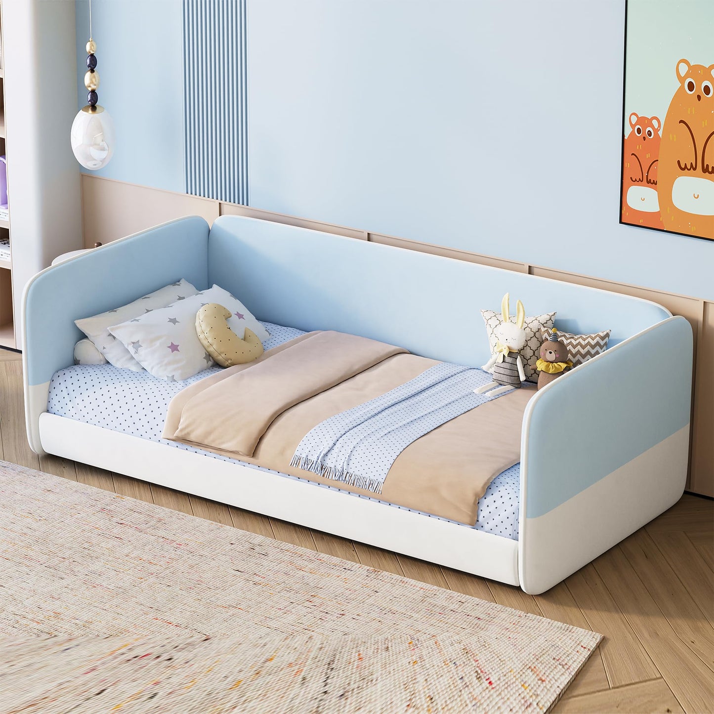 Twin Size Montessori Floor Bed with Upholstered Headboard and Armrests, Velvet Twin Floor Bed Frame with Protective Side Panels, Low Profile Platform Daybed for Kids, No Box Spring Needed, Blue