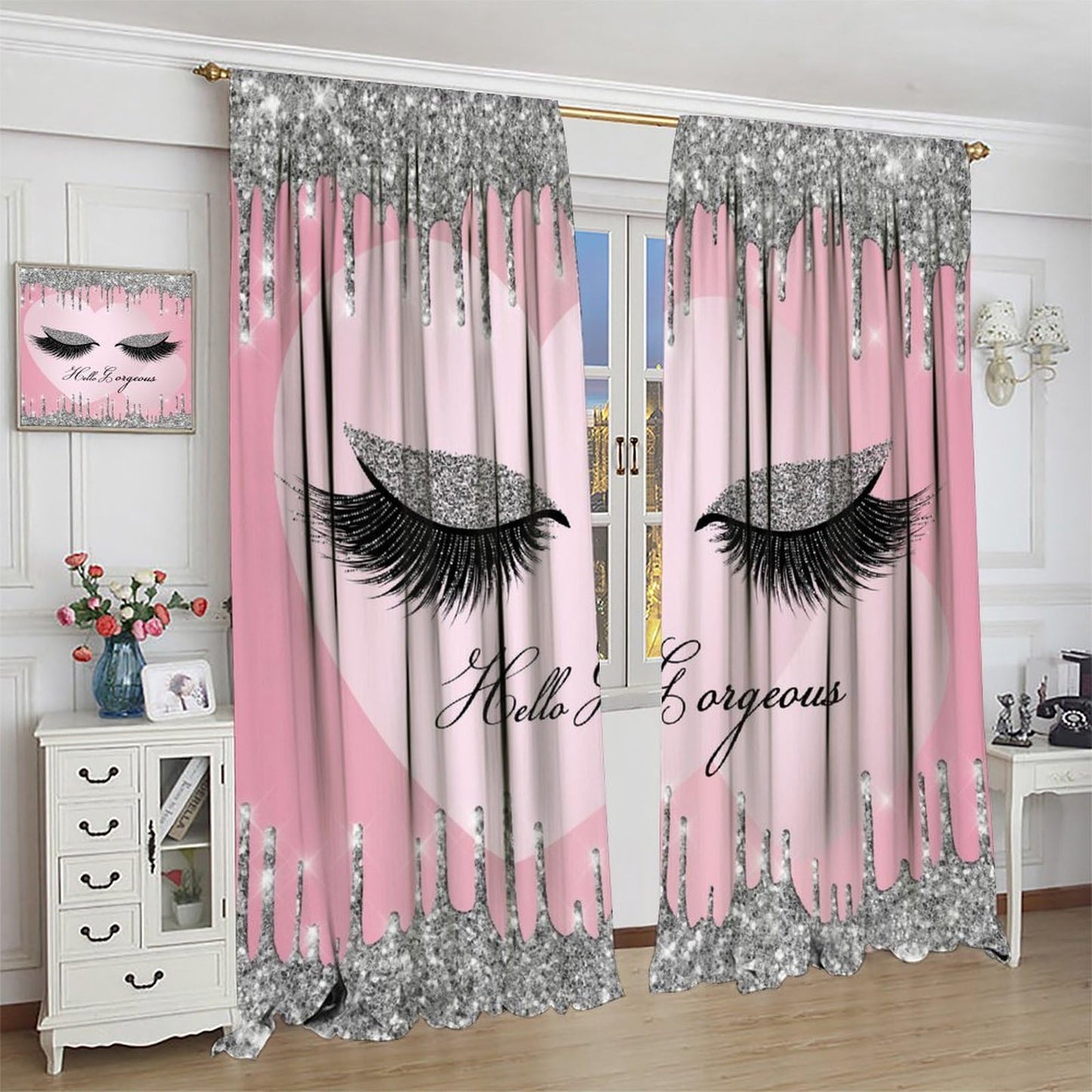 Eyelash Curtains Fashion Girl Eyes Hello Gorgeous Modern Makeup Abstract Art Room Darkening Thermal Insulated Rod Pockets Window Drapes for Bedroom Living Room Kitchen Cafe Decor W21xL45inx2 Decor