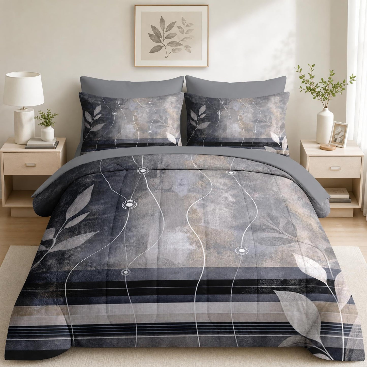 Boewywh Comforter Set Twin Size Abstract Leaf Modern 7 Pcs, Bedding for Kids and Adults, Bed Sheet Sets with Fitted Sheet 2 Pillowcases & 2 Shams for Bedroom Bed Decor