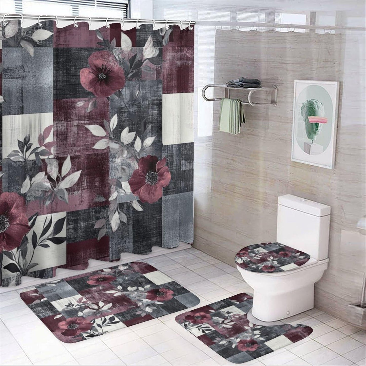 DIPQIMI 4Pcs Retro Flower Plant Shower Curtain Sets with Rugs, Toilet Lid Cover and Bath Mat, Red Grey Patchwork Bathroom Shower Curtains Set with 12 Hooks