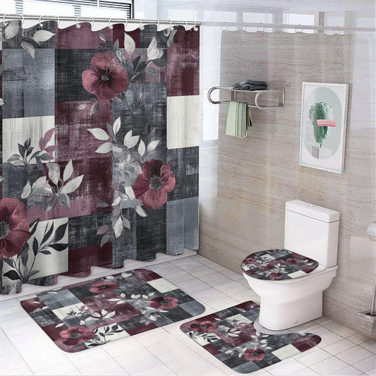 DIPQIMI 4Pcs Retro Flower Plant Shower Curtain Sets with Rugs, Toilet Lid Cover and Bath Mat, Red Grey Patchwork Bathroom Shower Curtains Set with 12 Hooks