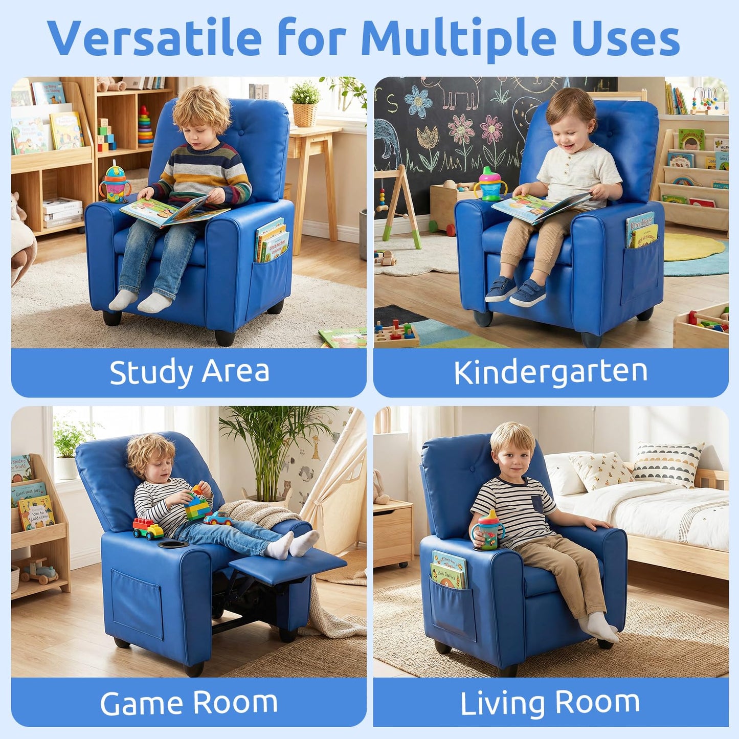 INFANS Kids Recliner, Toddler Lounge Chair with Adjustable Backrest Footrest Cup Holder Side Pockets, PU Leather Toddler Couch
