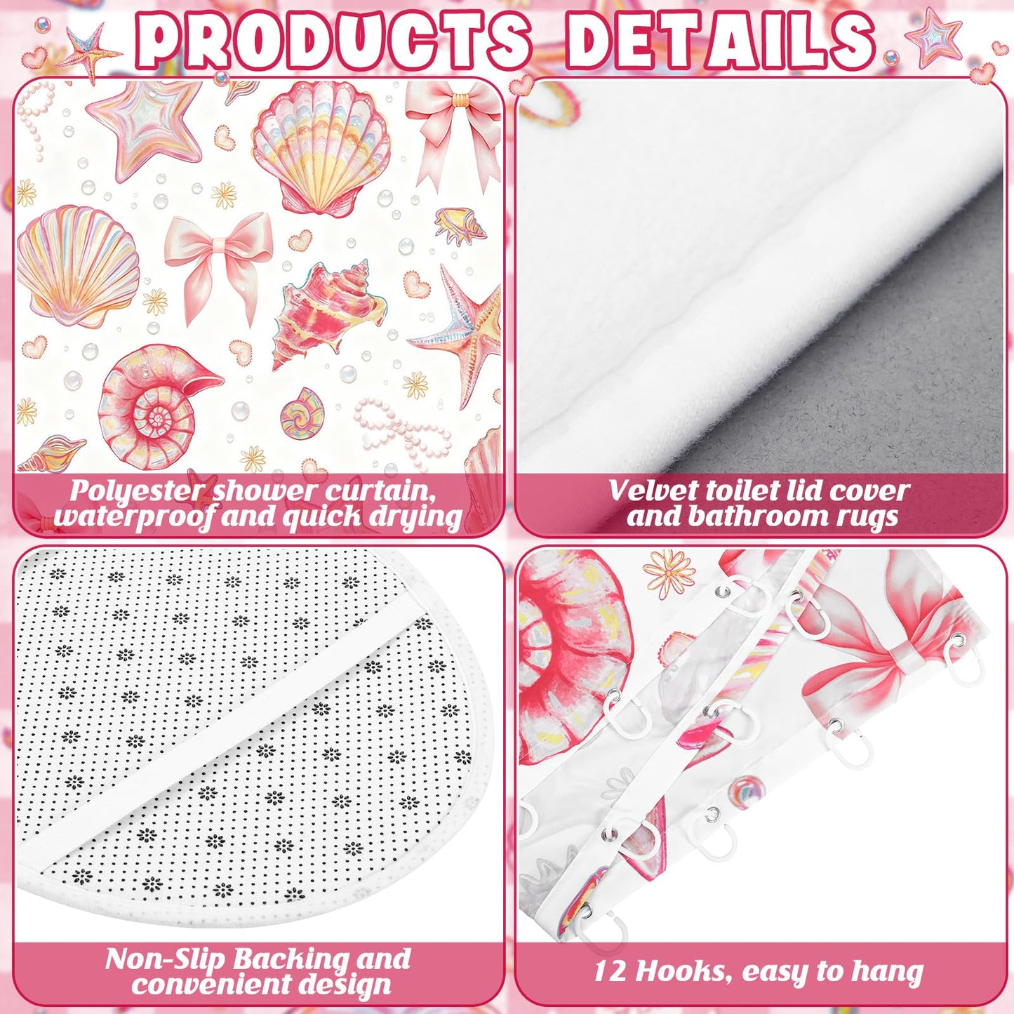 Tatuo 8 Pcs Beach Shower Curtain Set Blue Bow Ocean Summer Beach Party Bathroom Accessories Sets Coquette Starfish Coastal Waterproof Shower Curtain with Towels Carpet Bath Mat Toilet Rugs 12 Hooks