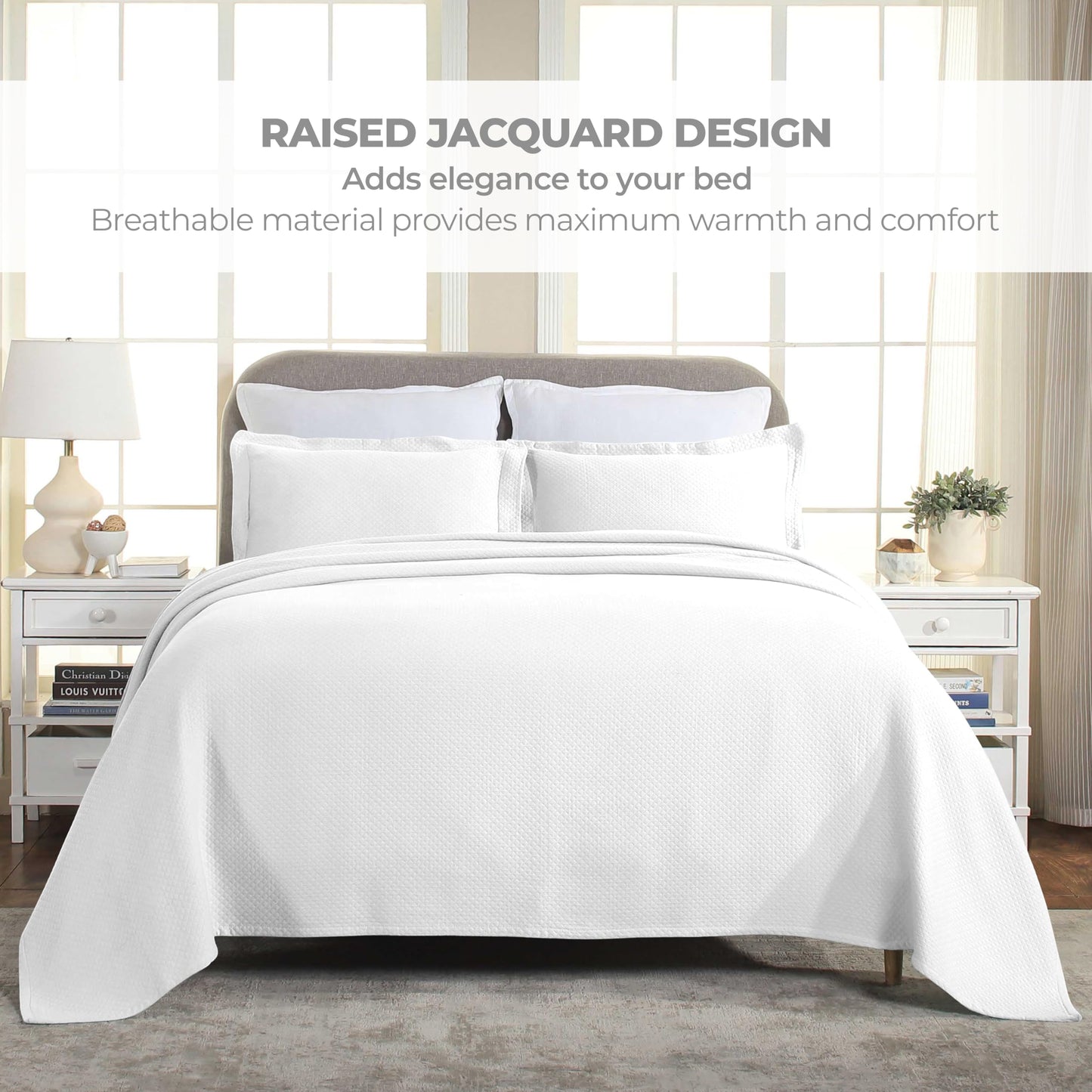 Superior Solitaire Cotton 3 Piece Bedspread Set, Home Bed Decor, Decorative Textured Bed Spread, 2 Pillow Shams, Airy Blanket, Matelasse Coverlet Bedding, All-Season Accent Blanket, King, White