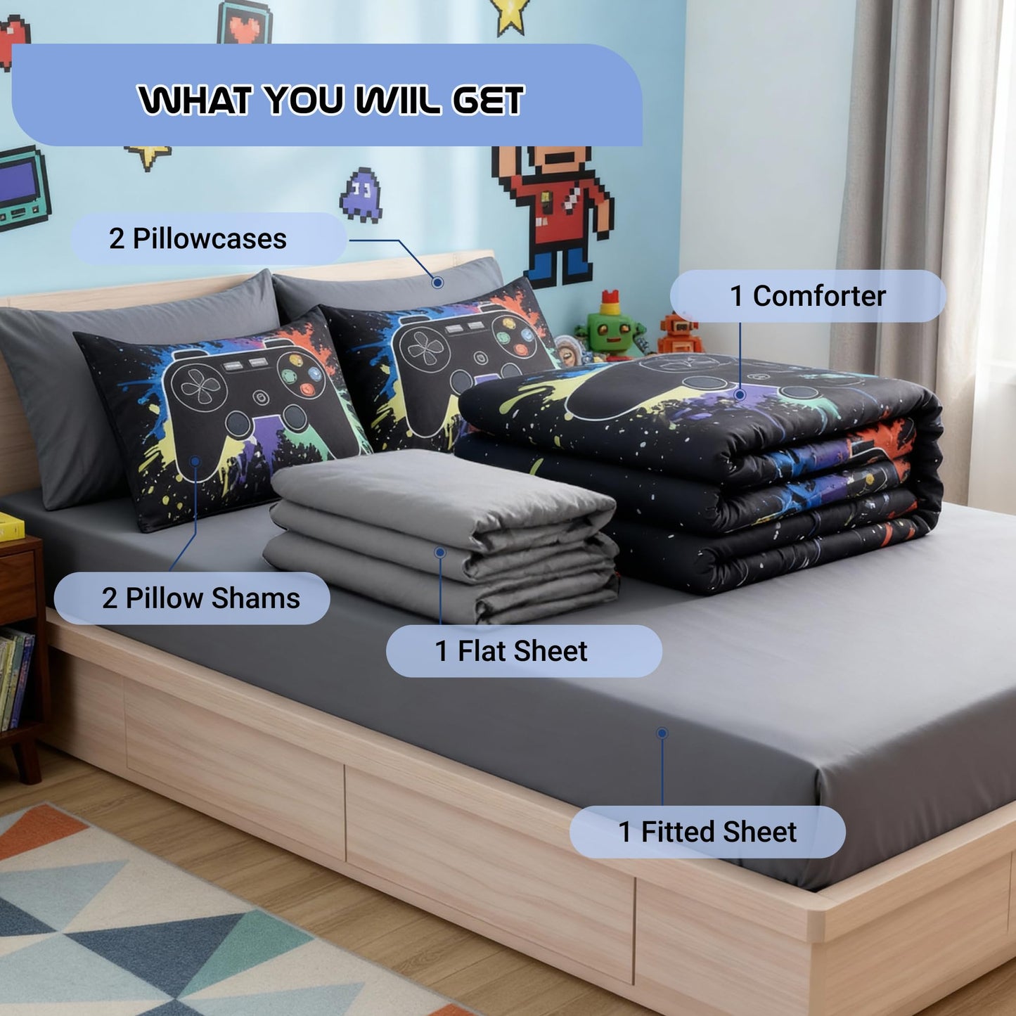Kaleido Space Twin Comforter Set for Boys, Kids - 5 Pieces Black Gamer Patterns Twin Bedding Sets for Boys Teen, Soft Cozy Bed in A Bag with Sheets