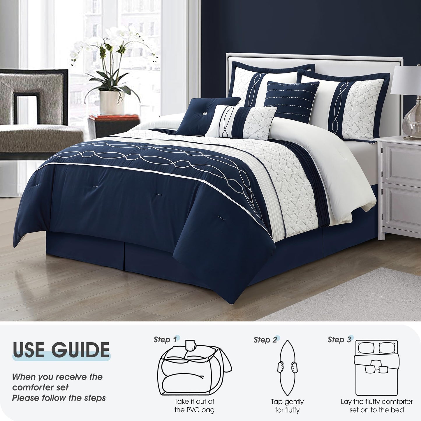 LANCO MODERN LIFESTYLE 7 Piece Comforter Set, Queen, White Navy Geometric Design, 100% Polyester, Luxury All Seasons Bed Set Includes Comforter, Bed Skirt, Pillow Shams, and Decorative Pillows
