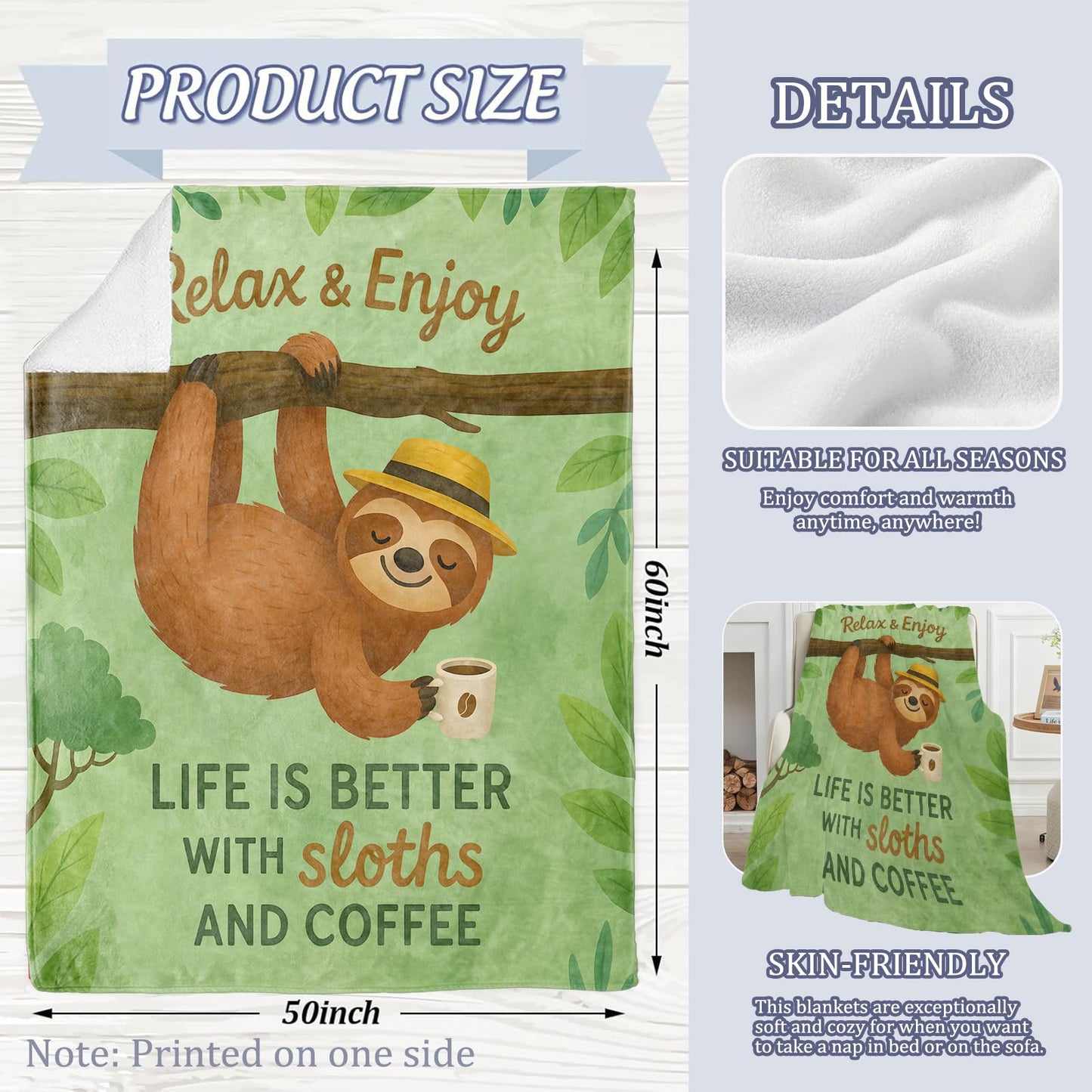 Relaxed Sloth Blanket, 60 x 50 Inch Flannel Cute Sloths Coffee Vibes Forest Animal Throw Blanket, Gifts for Women Girls Boys Adults Kids, Lightweight Cozy Warm Blankets for Sofa Travel Home Decor
