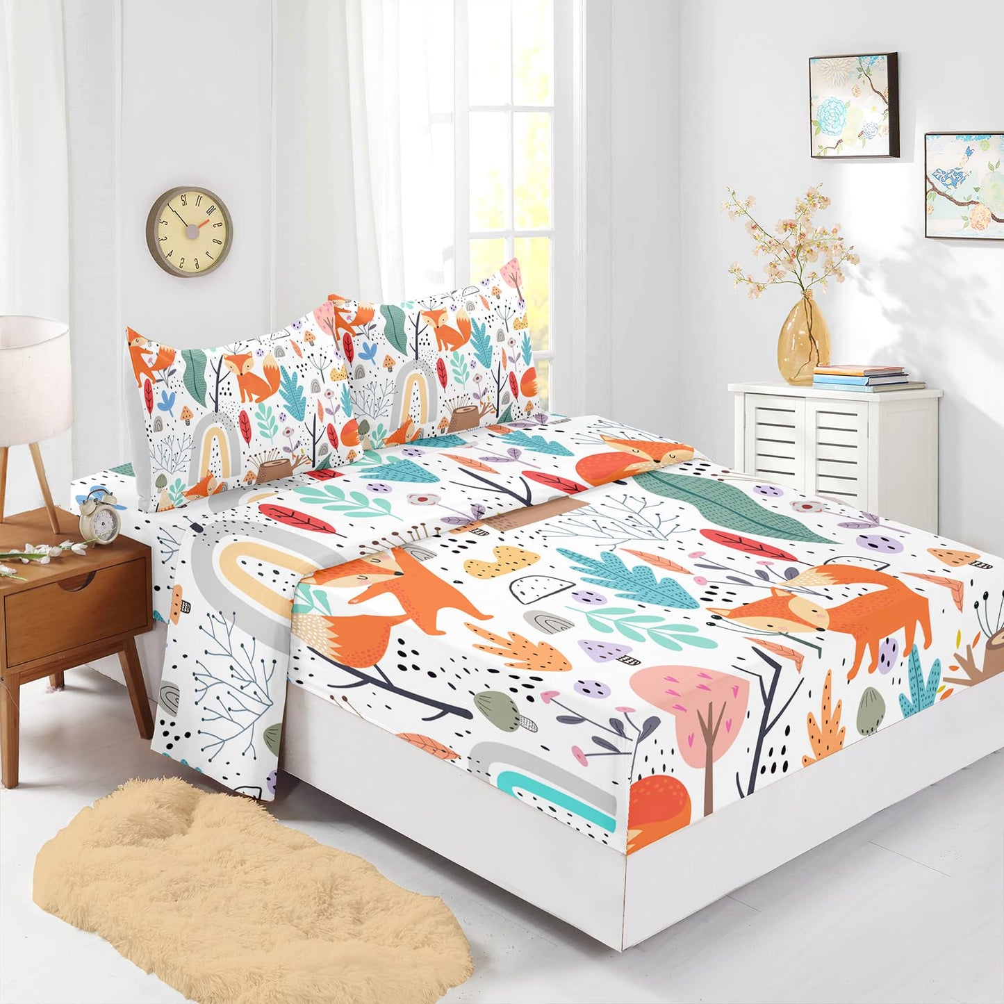 Nttopship Fox 4 Pieces Bed Sheet Sets Full Size Cartoon Forest Fox Printed Bedding Sets with 16" Deep Pockets Wildlife Bedroom Decor,Bedding Set 4 PCS(1 Fitted+1 Flat+2 Pillowcases)