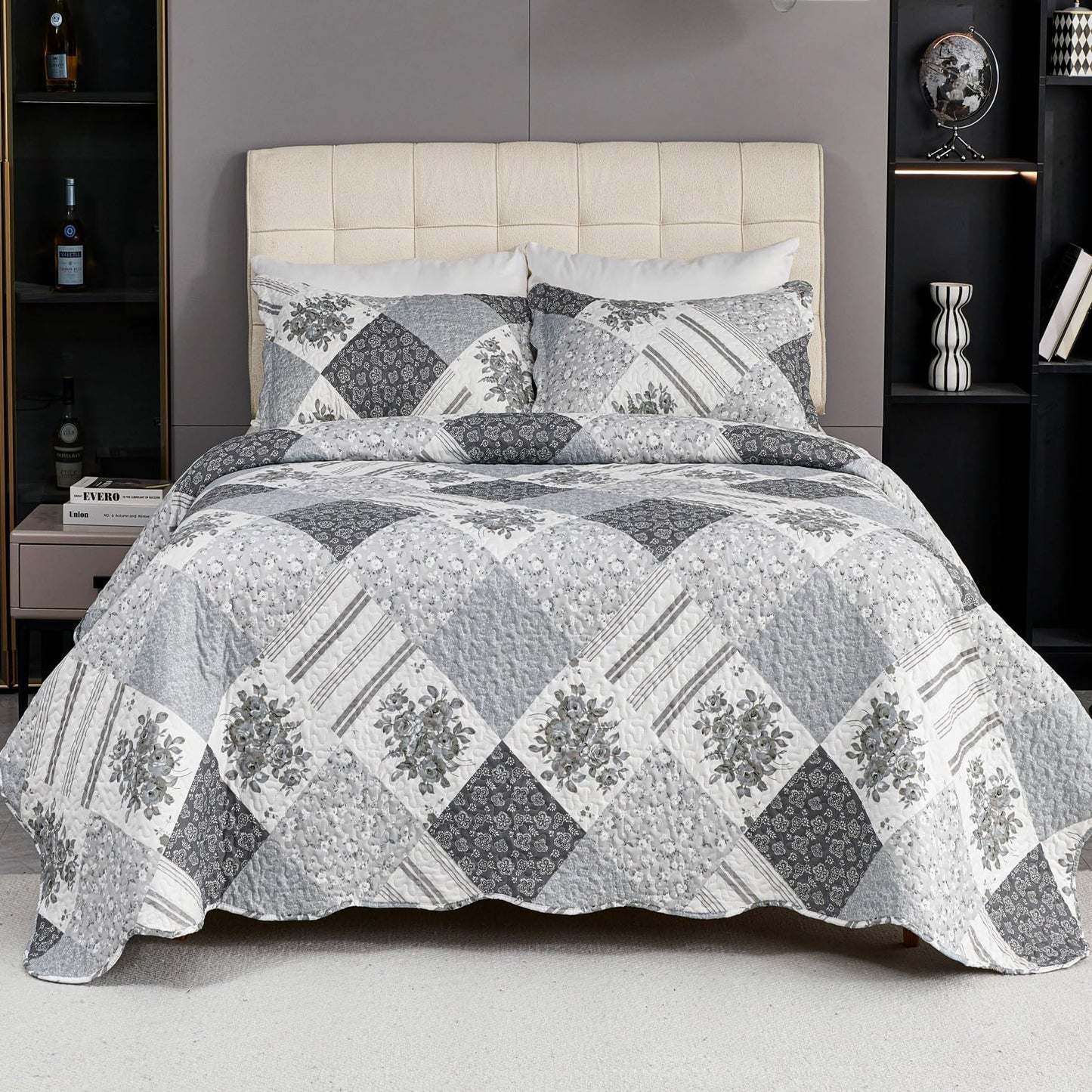 Cmfshape Summer Floral King Bedspread,Romantic Grey Quilt Set King,Reversible Stitched Bedding Set All Season,Soft Lightweight Coverlet with Pillow Cases (Dark Grey, King102 x90)
