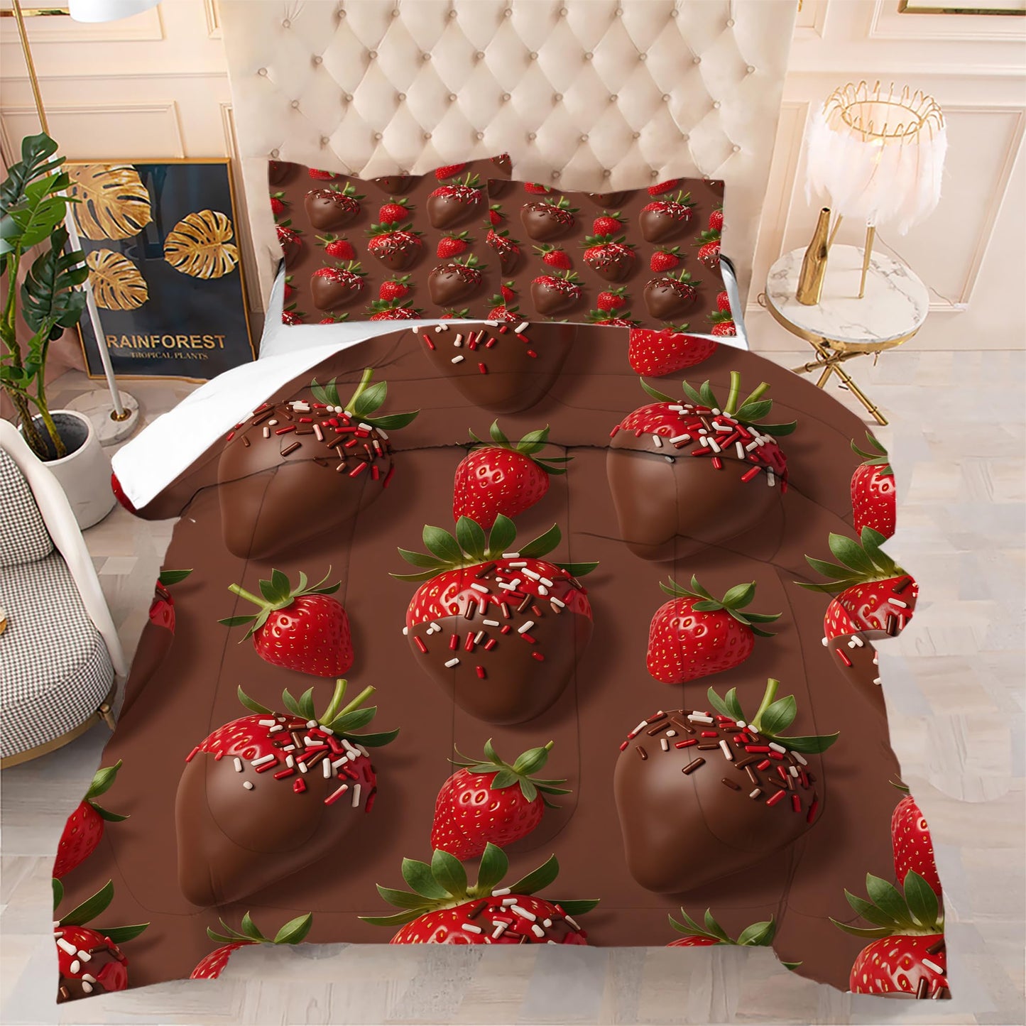 VTKON Chocolate Strawberry Comforter Set Queen for Kids Girls Sweet Dessert Print Bedding Set 3 Pcs with 1 Comforter and 2 Pillowcases Brown Bed Set Bedroom Decor