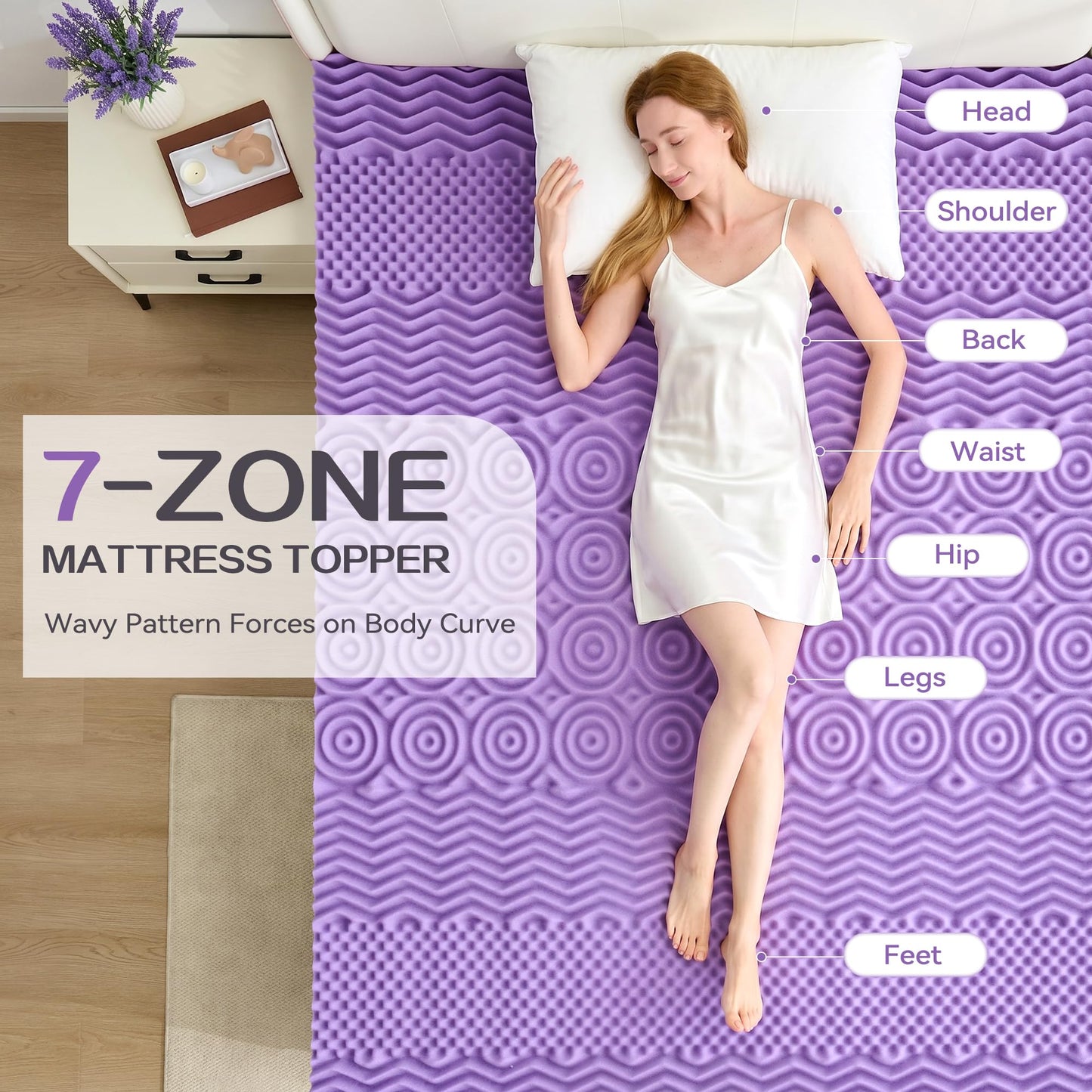 SINWEEK 1.5 Inch 7-Zone Memory Foam Mattress Topper Full Size, Soft Mattress Pad for Back Pain Relief, Egg Crate Bed Topper Double Bed Size, CertiPUR-US Certified, Violet