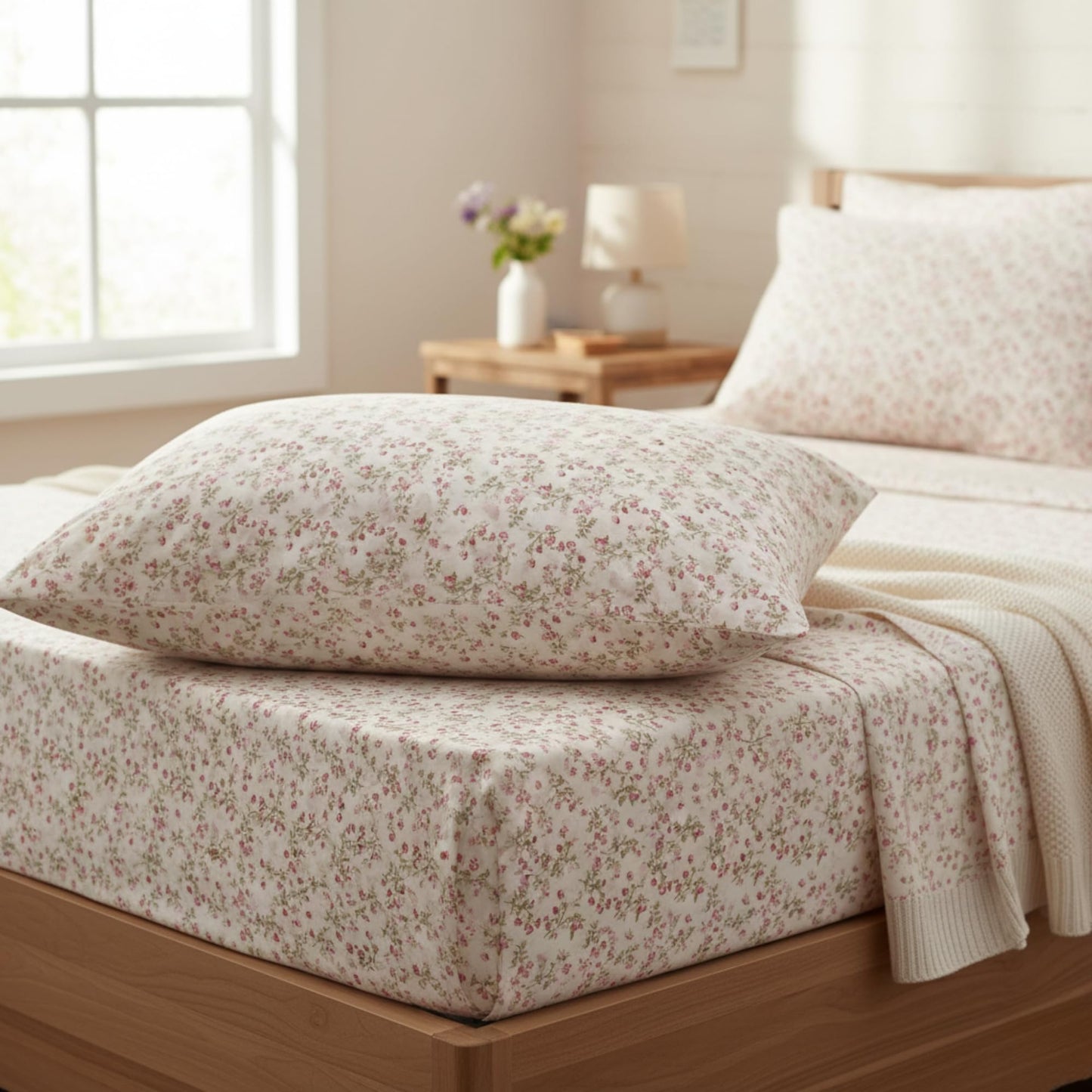 DaDa Bedding Romantic Coquette Sheet Set - 100% Cotton Floral Fitted & Flat Sheets with Pillowcases - Deep Pocket Design - Soft, Breathable, Wrinkle-Resistant (Queen (U.S. Standard))
