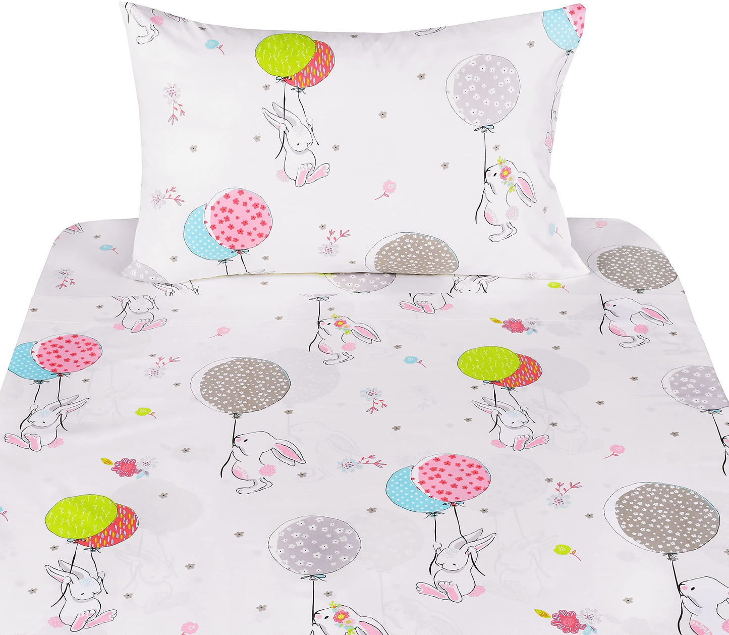 J-pinno Cute Cartoon Rabbit Bunny 100% Cotton 3 Pieces Twin Sheet Set for Kids Girls Children Flat Sheet + Fitted Sheet + Pillowcase Bedding Decoration Gift Set