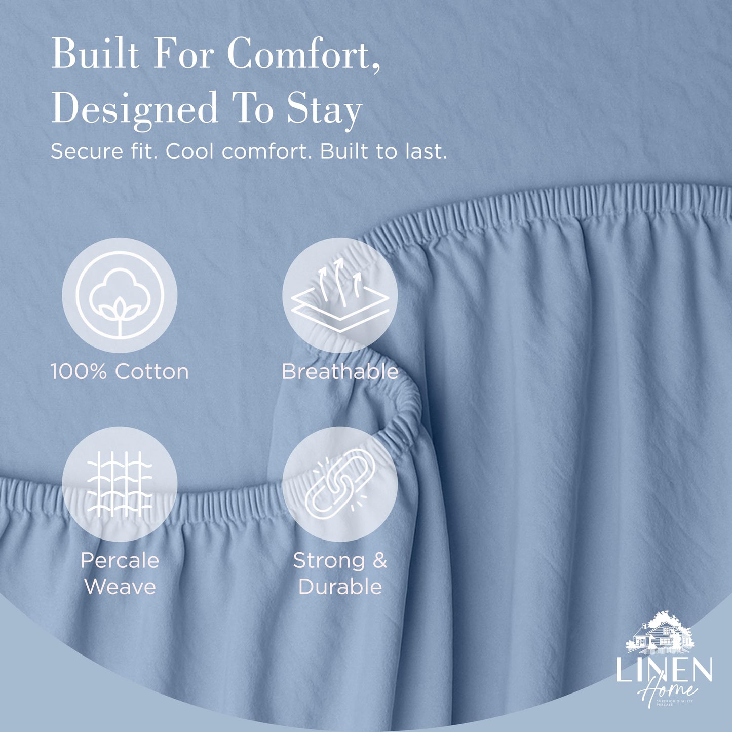 Linen Home Washed Cotton Percale Fitted Sheet Queen Size, ICY Blue, 1 Deep Pocket Fitted Sheet, Soft and Cool Strong Bed Linen, 60"X80"+14"