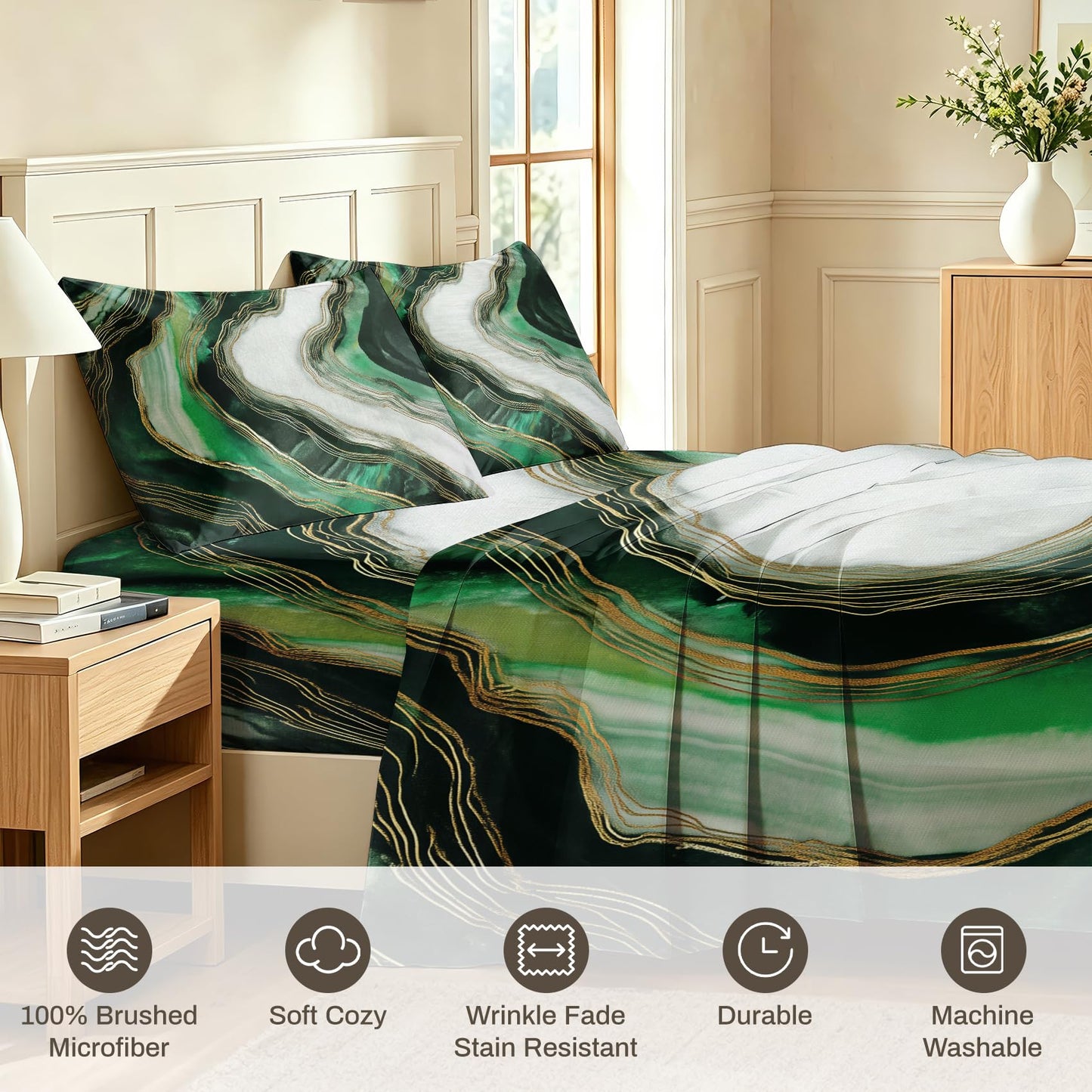 Marble Full Sheet Set 4 Pcs Modern Green Bed Sheets, Dark Green