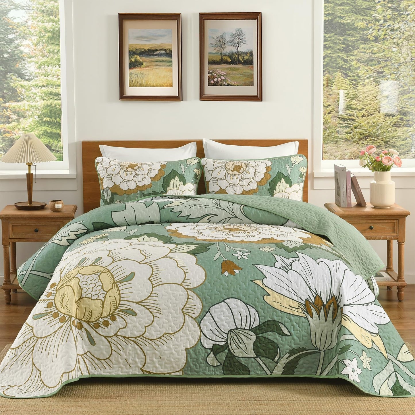 DJY Sage Green Quilt Set Queen Size 3 Pieces Floral Boho Bedspread Coverlet Set, Lightweight Microfiber Farmhouse Floral Quilted Bedding Set Reversible Bed Cover for All Season, 96''x90''
