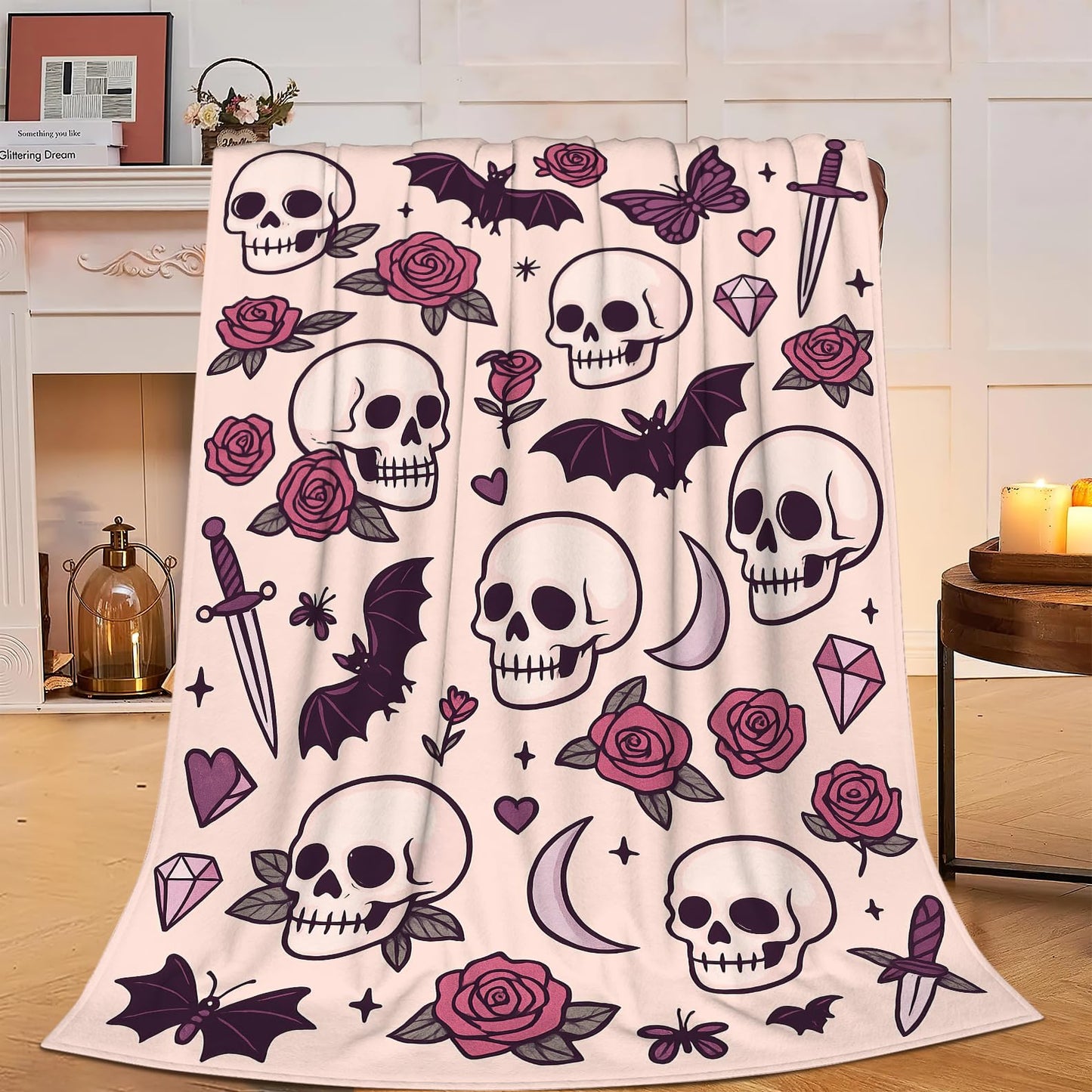 Gothic Pink Blanket Skull Skeleton Rose Bat Throw Blanket for Gothic Lover for Women Girls Adults Cozy Fleece Fuzzy Soft Flannel Plush Warm Bedding Stuff for Sofa Bed Couch 40 x 50 Inch
