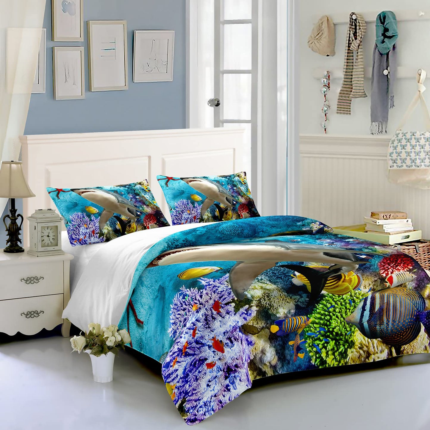 CVHOUSE Shark Duvet Cover Queen Size,Ocean Sea Bedding Set,Beach Comforter for Boys Kids Teens,1 2 Pillowcases 3 Piece Queen 89'x89'