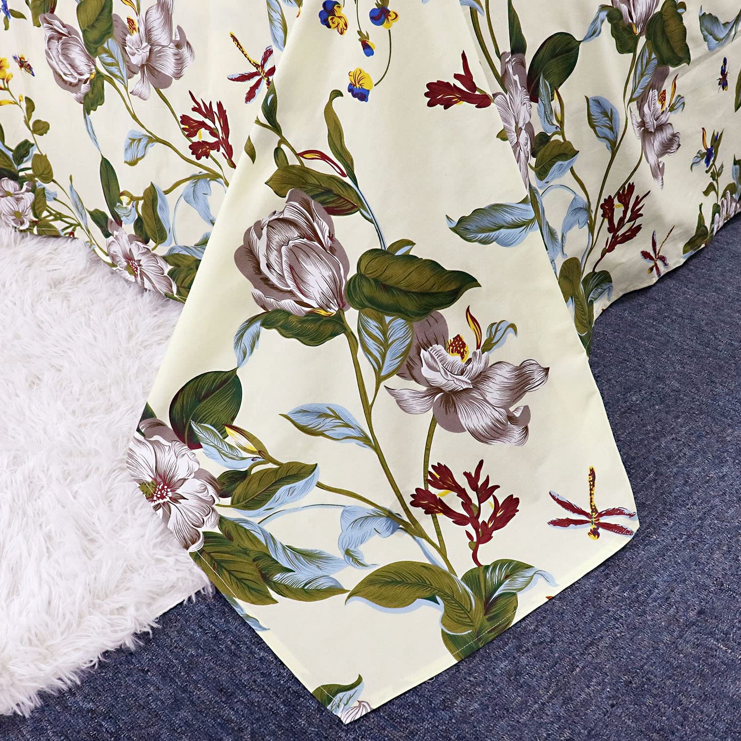 FADFAY Shabby Floral Sheets California King 100% Cotton 600 TC White Flower and Green Leaves Bedding Vintage Garden Botanical Print Country Side Bed Sheet Soft Hypoallergenic Deep Pocket Sheet 17.5''