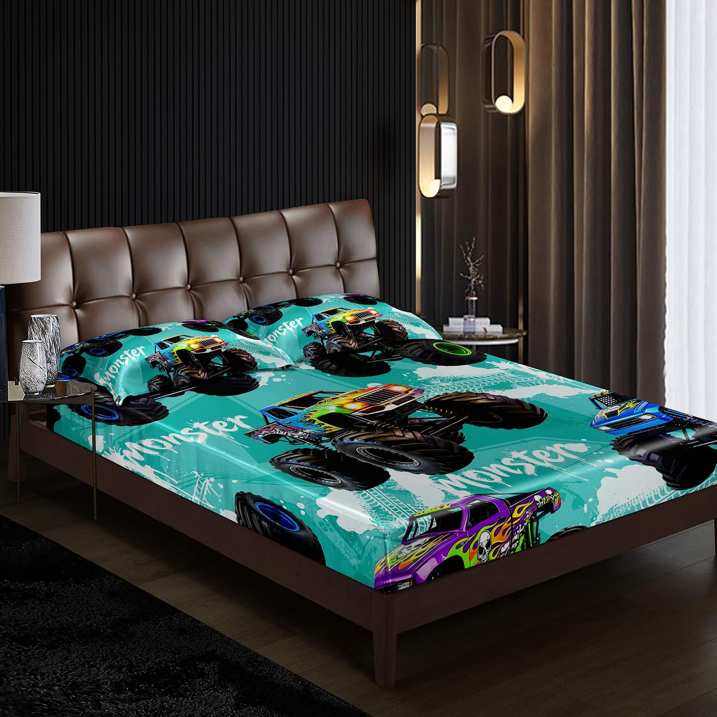 AILONEN Teal Graffiti Monster Truck Twin Fitted Sheet Set 3 Piece,Skull Flame Racing Bedding with 2 Pillowcases,Off Road Vehicle Linens for Boys Kids,16 Inch Deep Pocket Microfiber