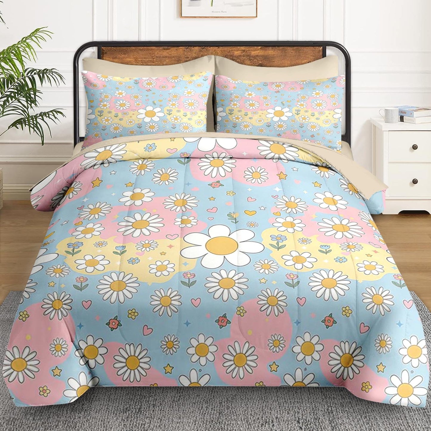 WeCozy 5 Pcs Twin Size Comforter Set with Pillowcase & Sham, Daisy Floral Bedding Set for Kids and Adults, Retro Hippie Whimsical Bed in a Bag with Flat Sheet and Fitted Sheet