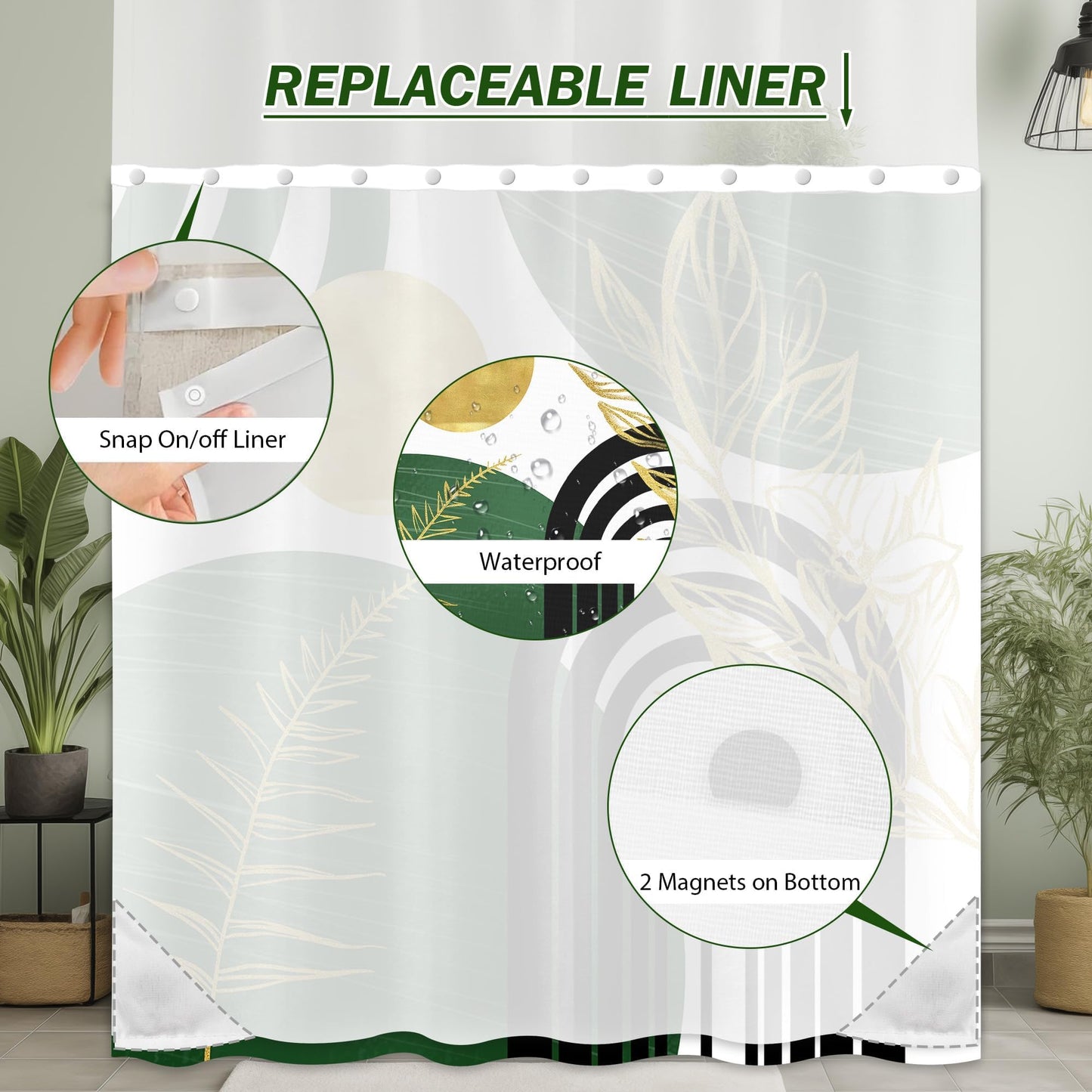 Bxpaitx Olive Green Bohemian See Through Mesh Top Shower Curtain with Window, Emerald Green Mid Century Modern Double Layer Shower Curtains with Snap in Liner, Waterproof Fabric with Hooks, 71x 72 in
