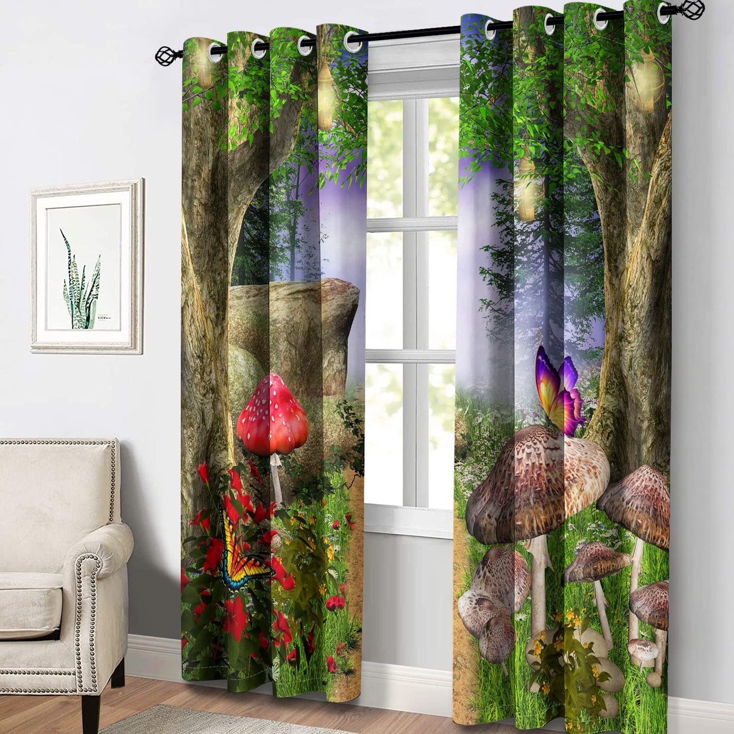 Aimego Mushroom Forest Nature Blackout Curtains - Mystical Magic Green Tree Floral Flower Butterfly Window Drapes Decor for Bedroom Living Room Grommet Room Darkening Curtains 2 Panel Set 52"X63"