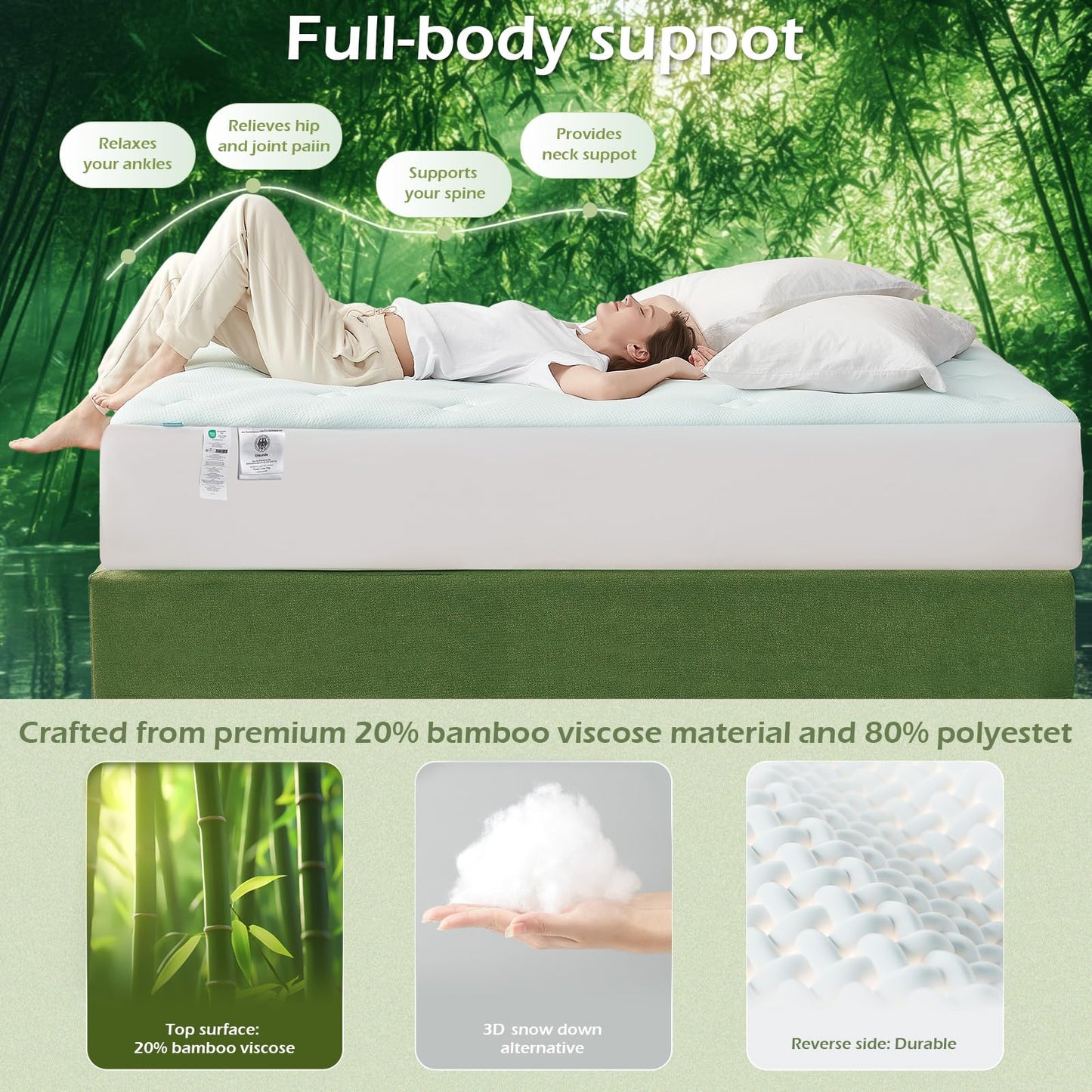 Hansleep Memory Foam Mattress Pad Topper Queen, Queen Foam Mattress Topper Viscose Derived from Bamboo, Queen Size Bed Mattress Pad Cover for Back Pain Relief, 60" x80", White
