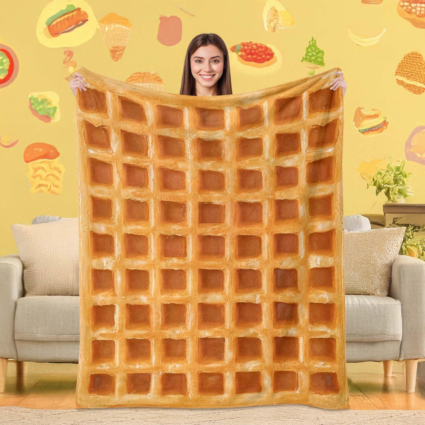 Lifeella Realistic Waffle Throw Blanket, Super Soft Warm Flannel Fleece Nap Food Blankets for Couch Dorm Sofa Room, Funny Gag Gifts for Teenage Boys and Girls, 50×60 inch