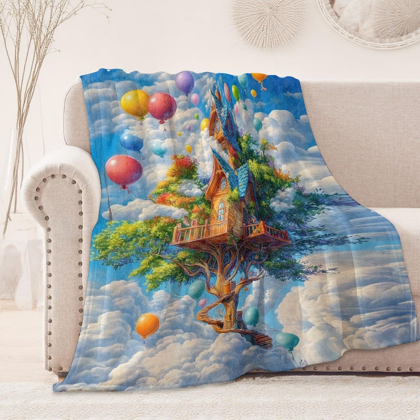 onlcuk Floating Tree House Blanket, Cozy Flannel Cloud & Balloon Throw Blanket, Soft Fuzzy Blankets for Travel Home Decor, All Season Lightweight Couch Bed Cover, Gifts for Women Adults Kids 50"×60"